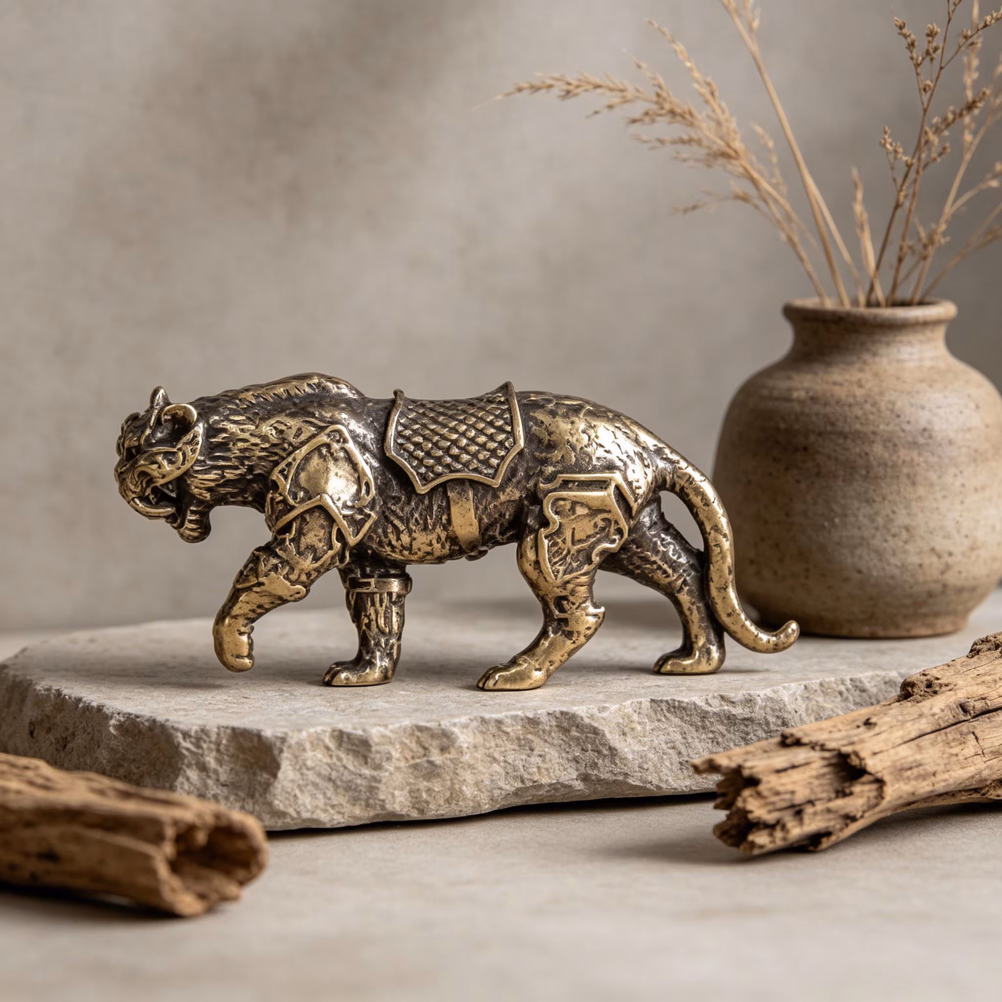 Handmade Vintage Brass Armored Tiger Figurine — Copper figurine image 1