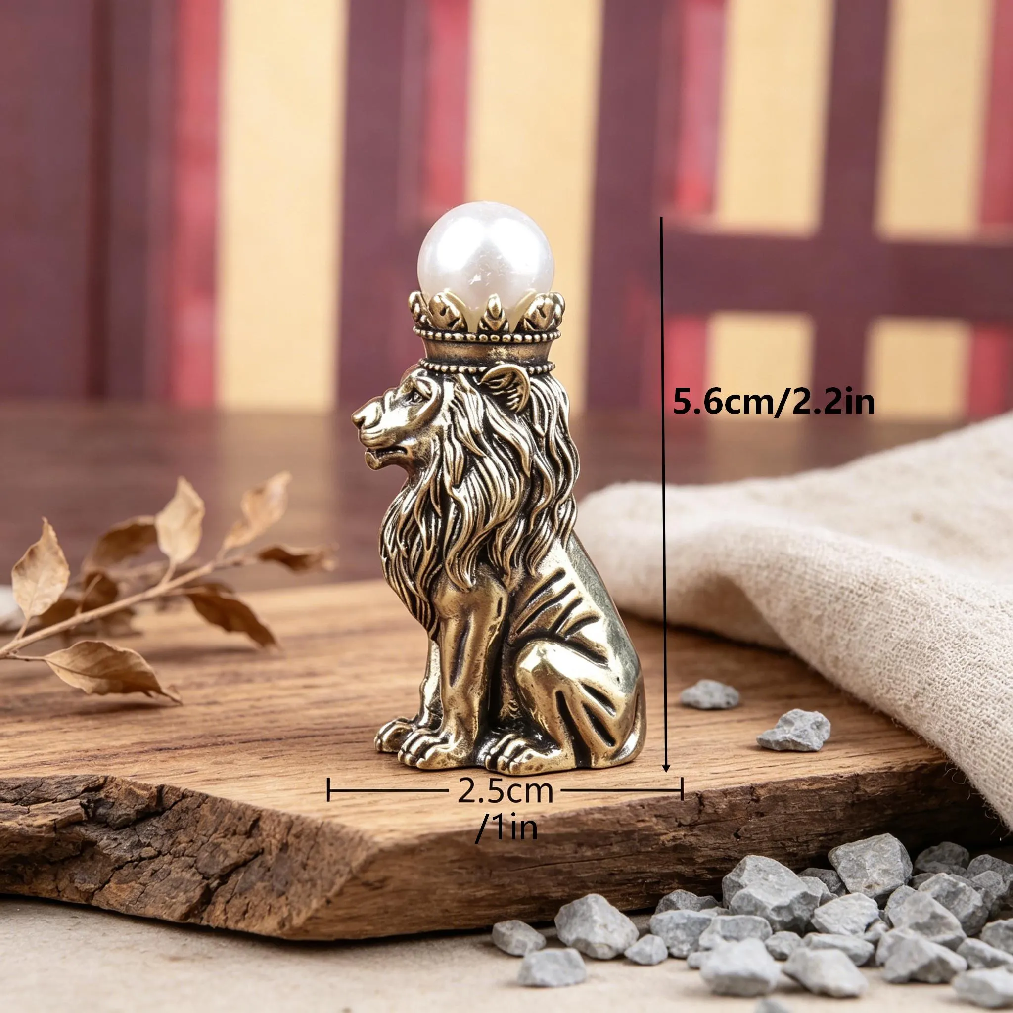 Vintage Bronze Lion Figurine With Pearl Crown — Copper figurine image 2