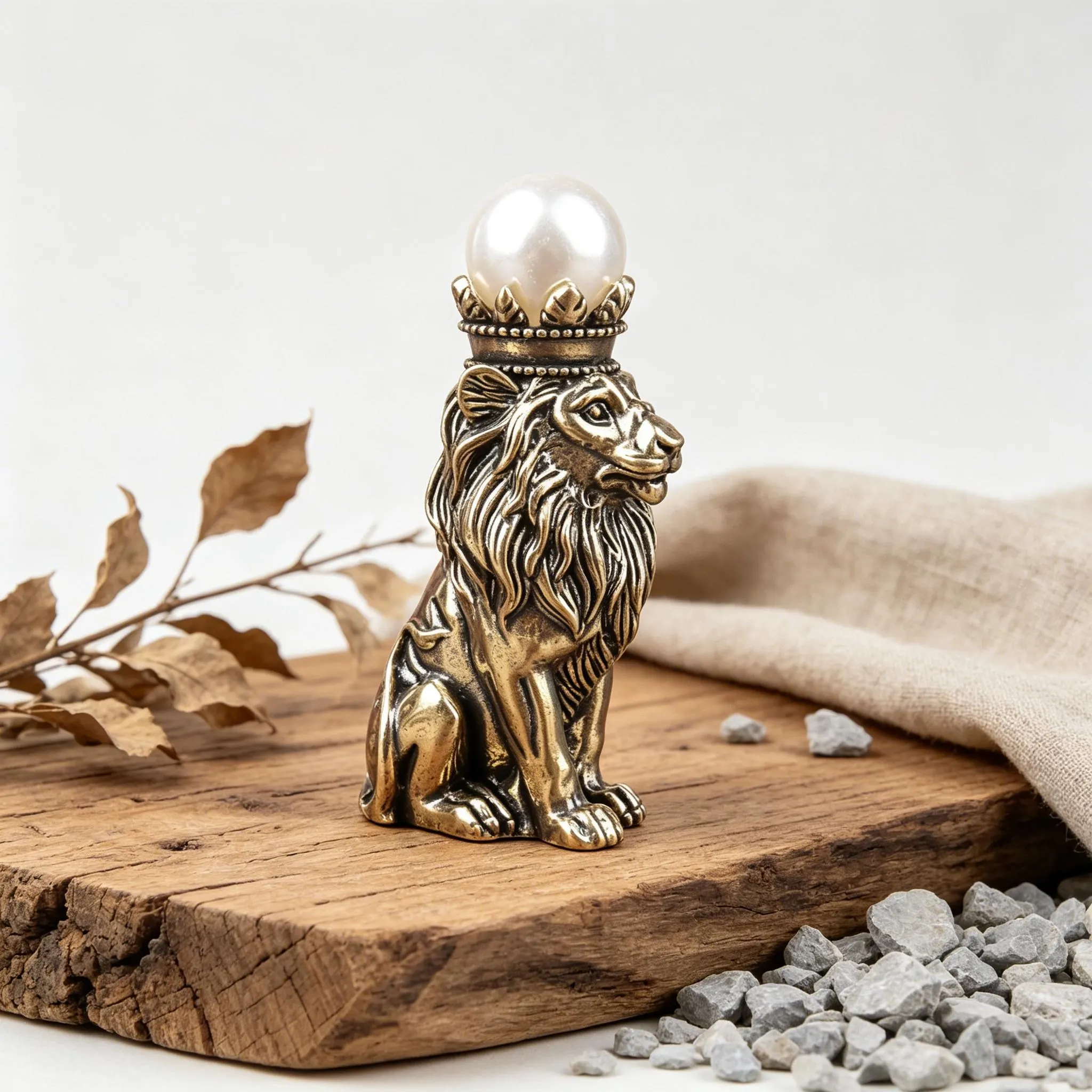 Vintage Bronze Lion Figurine With Pearl Crown — Copper figurine image 3