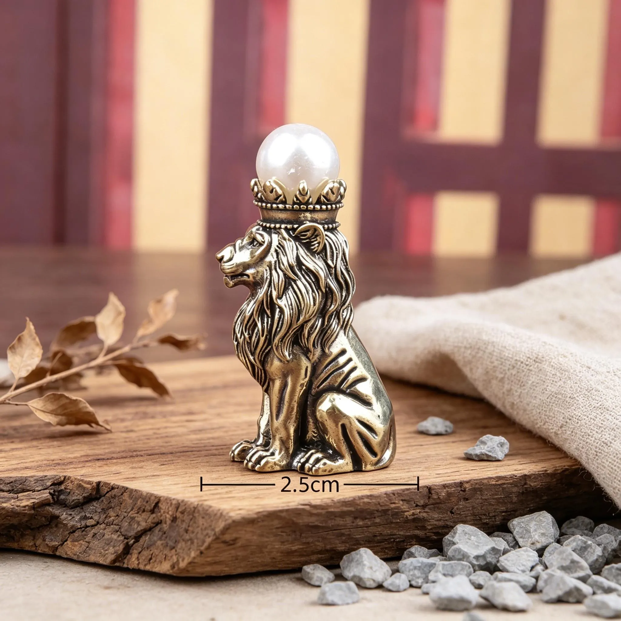 Vintage Bronze Lion Figurine With Pearl Crown — Copper figurine image 4