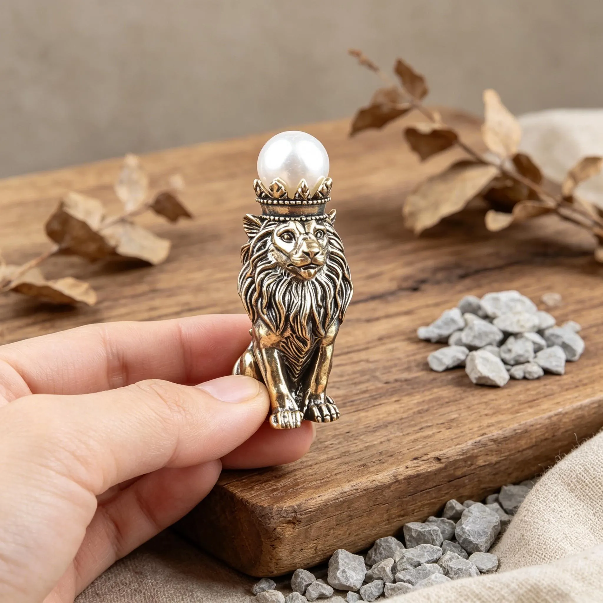 Vintage Bronze Lion Figurine With Pearl Crown — Copper figurine image 5