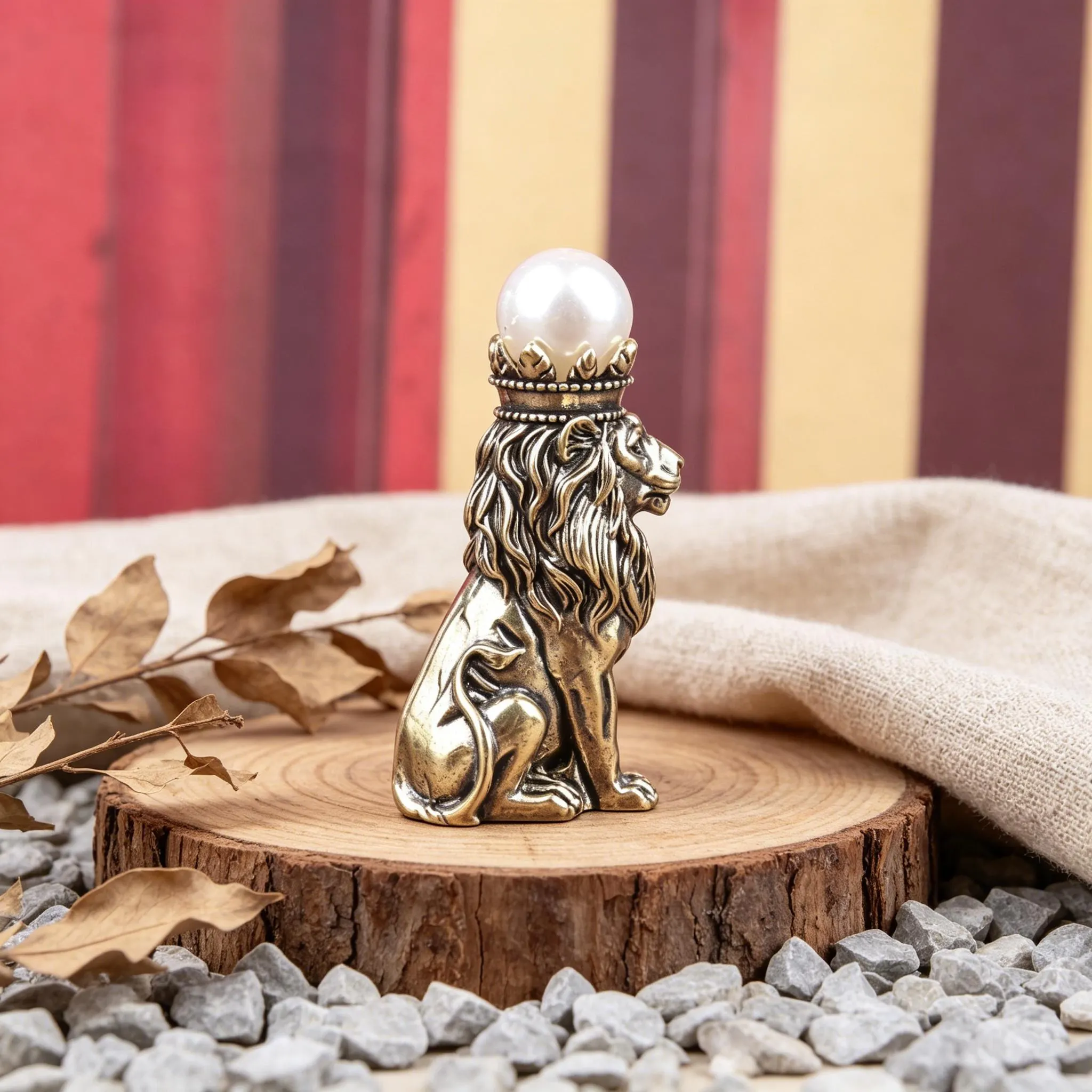 Vintage Bronze Lion Figurine With Pearl Crown — Copper figurine image 6