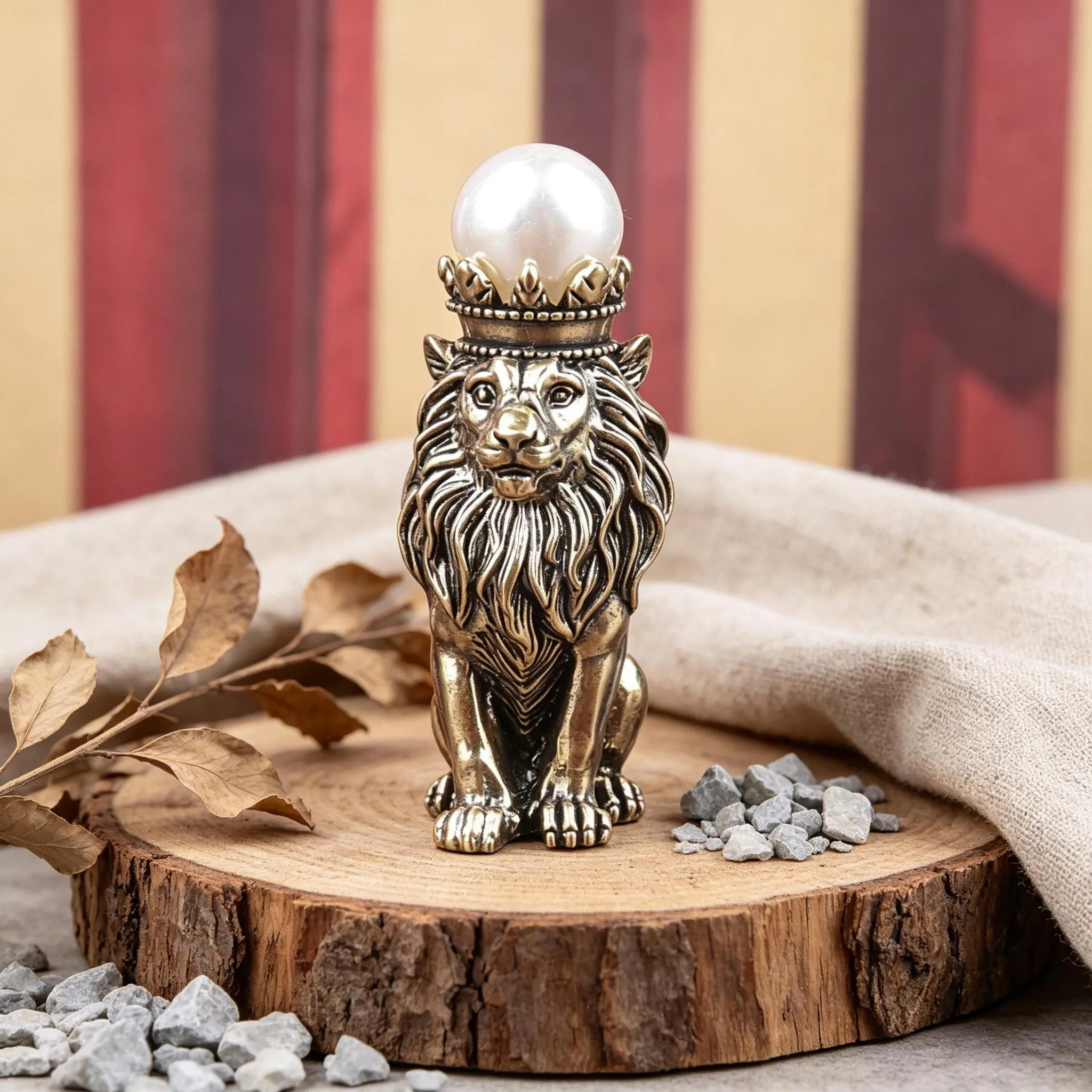 Vintage Bronze Lion Figurine With Pearl Crown — Copper figurine image 1