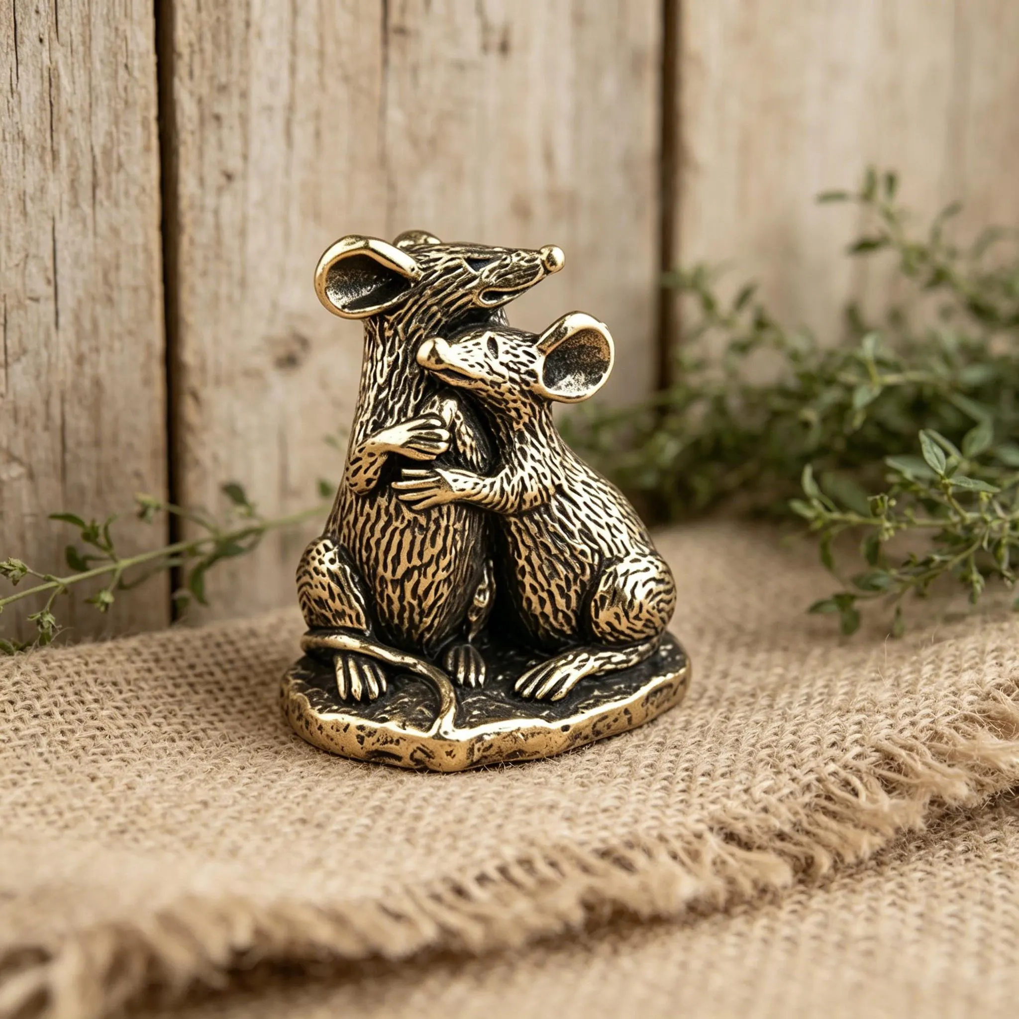 Handcrafted Brass Hugging Mice Figurine — Copper figurine image 5