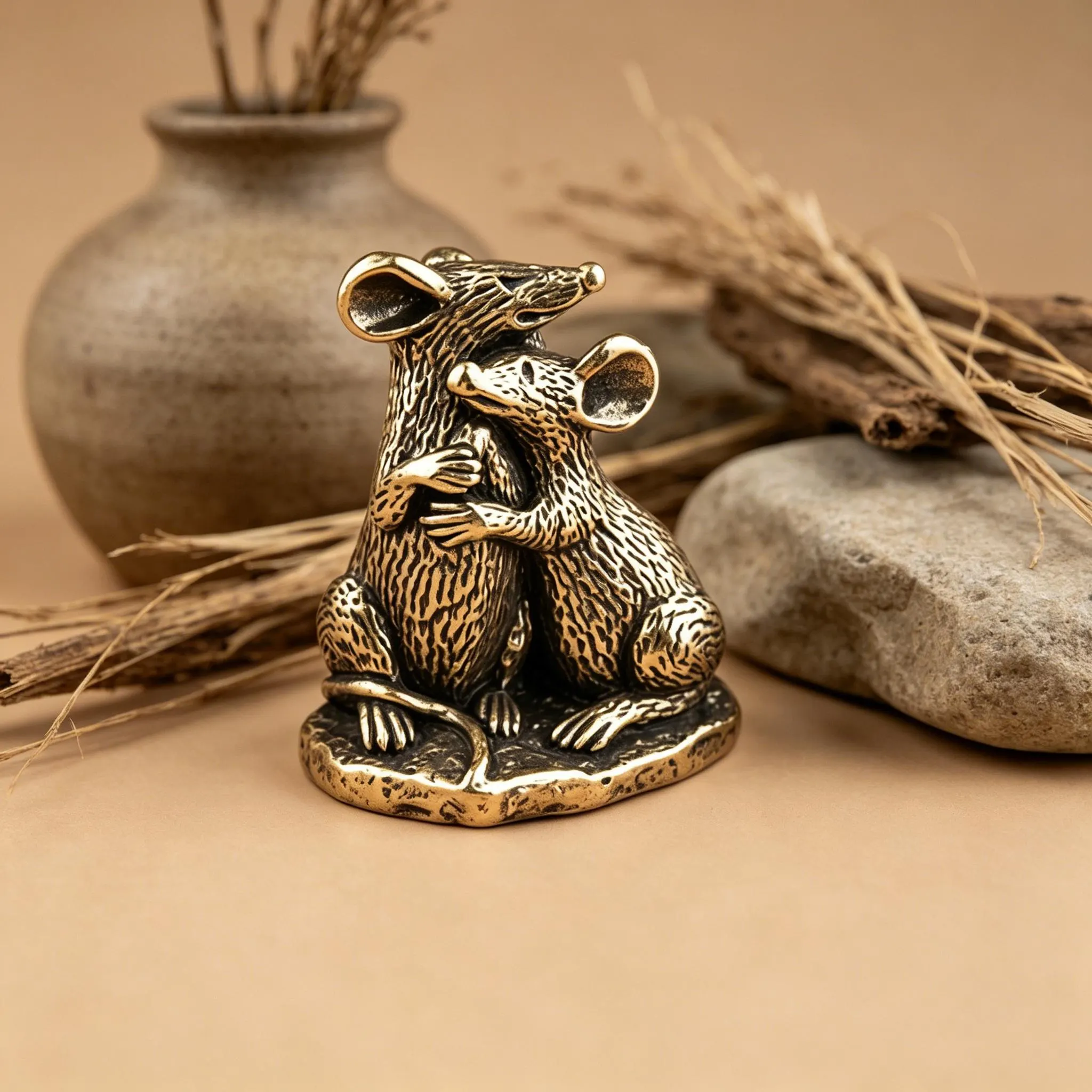 Handcrafted Brass Hugging Mice Figurine — Copper figurine image 1
