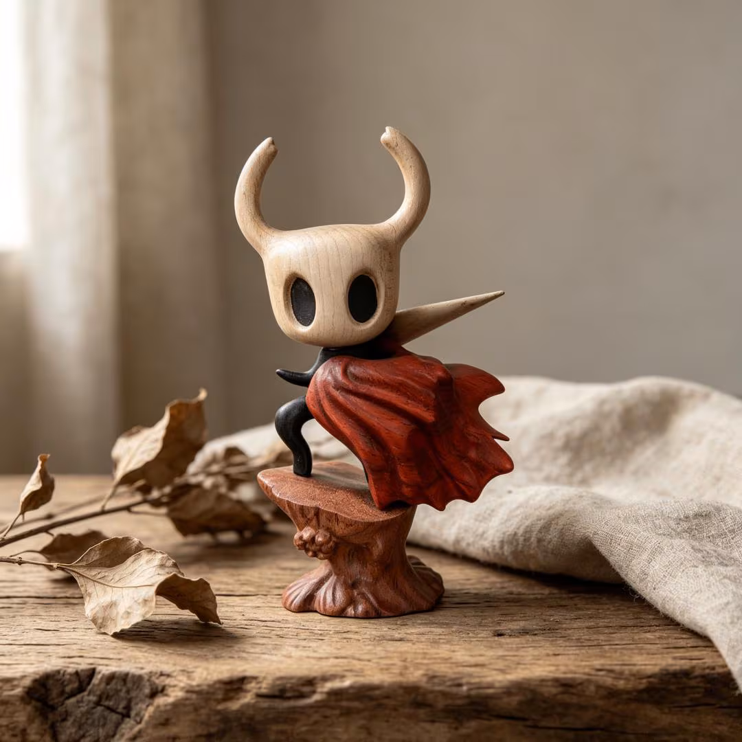 Handcarved Wooden Hollow Knight & Hornet Figurine Set — Brass figurine image 2