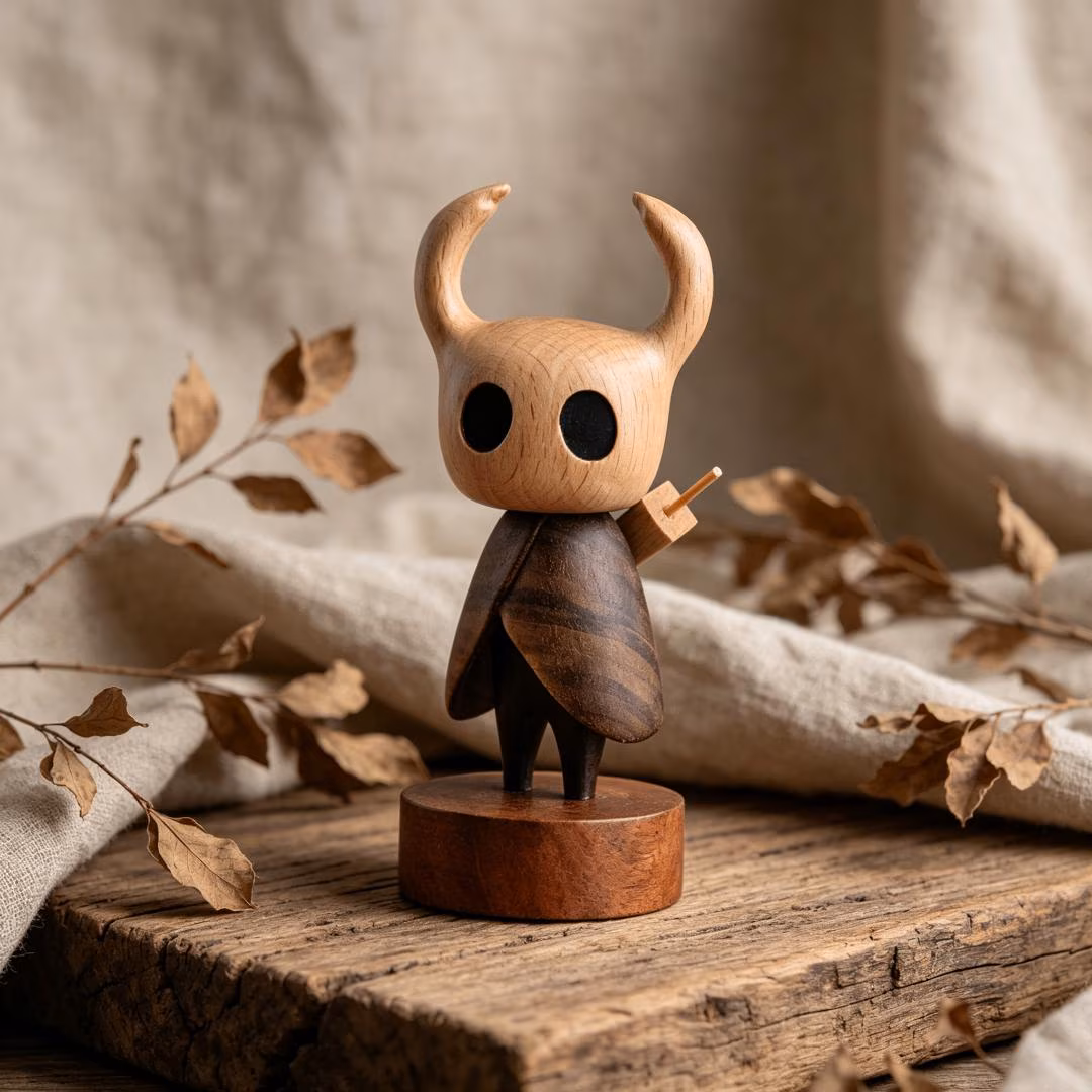 Handcarved Wooden Hollow Knight & Hornet Figurine Set — Brass figurine image 11