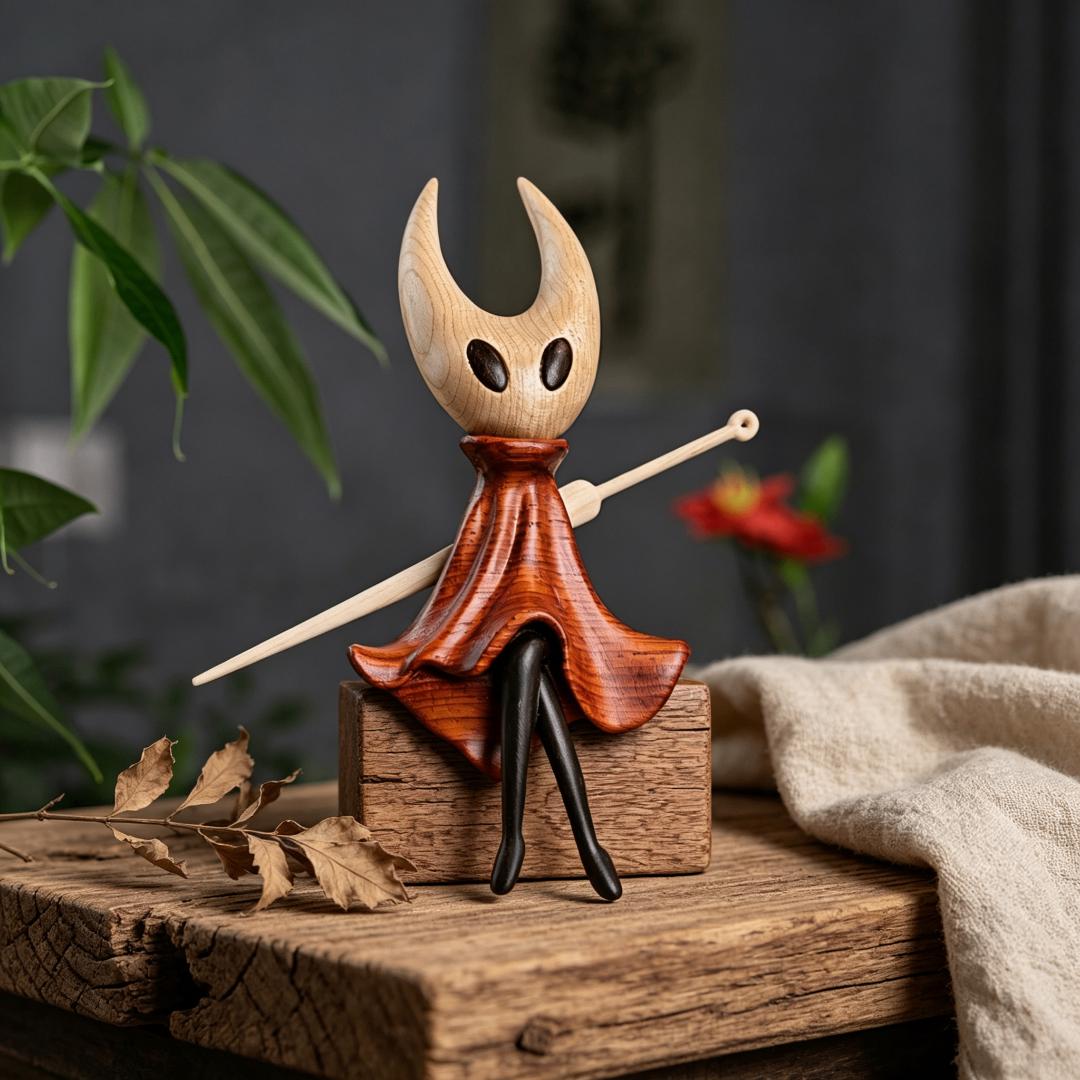 Handcarved Wooden Hollow Knight & Hornet Figurine Set — Brass figurine image 12