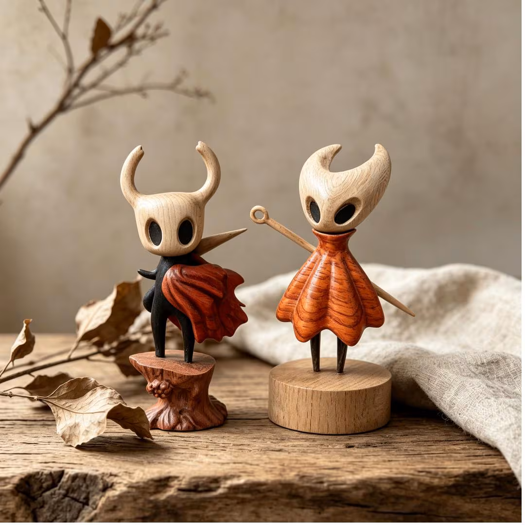 Handcarved Wooden Hollow Knight & Hornet Figurine Set — Brass figurine image 1