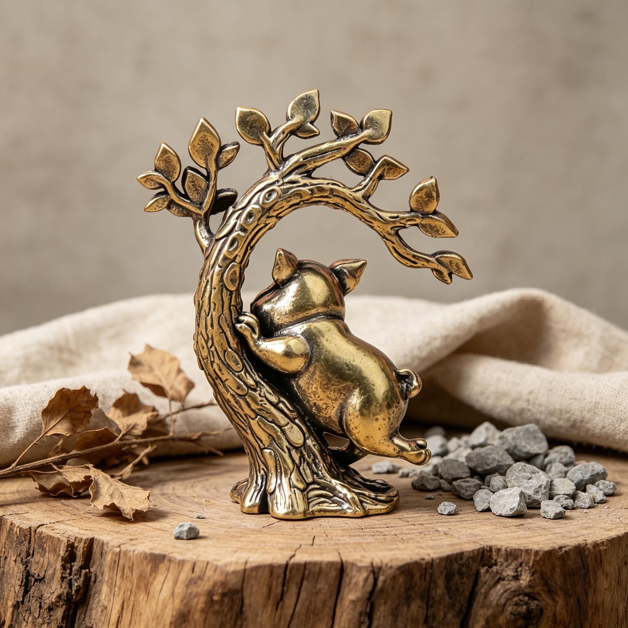 Handcrafted Mini Copper Pig Figurine on Tree — Copper figurine image 3