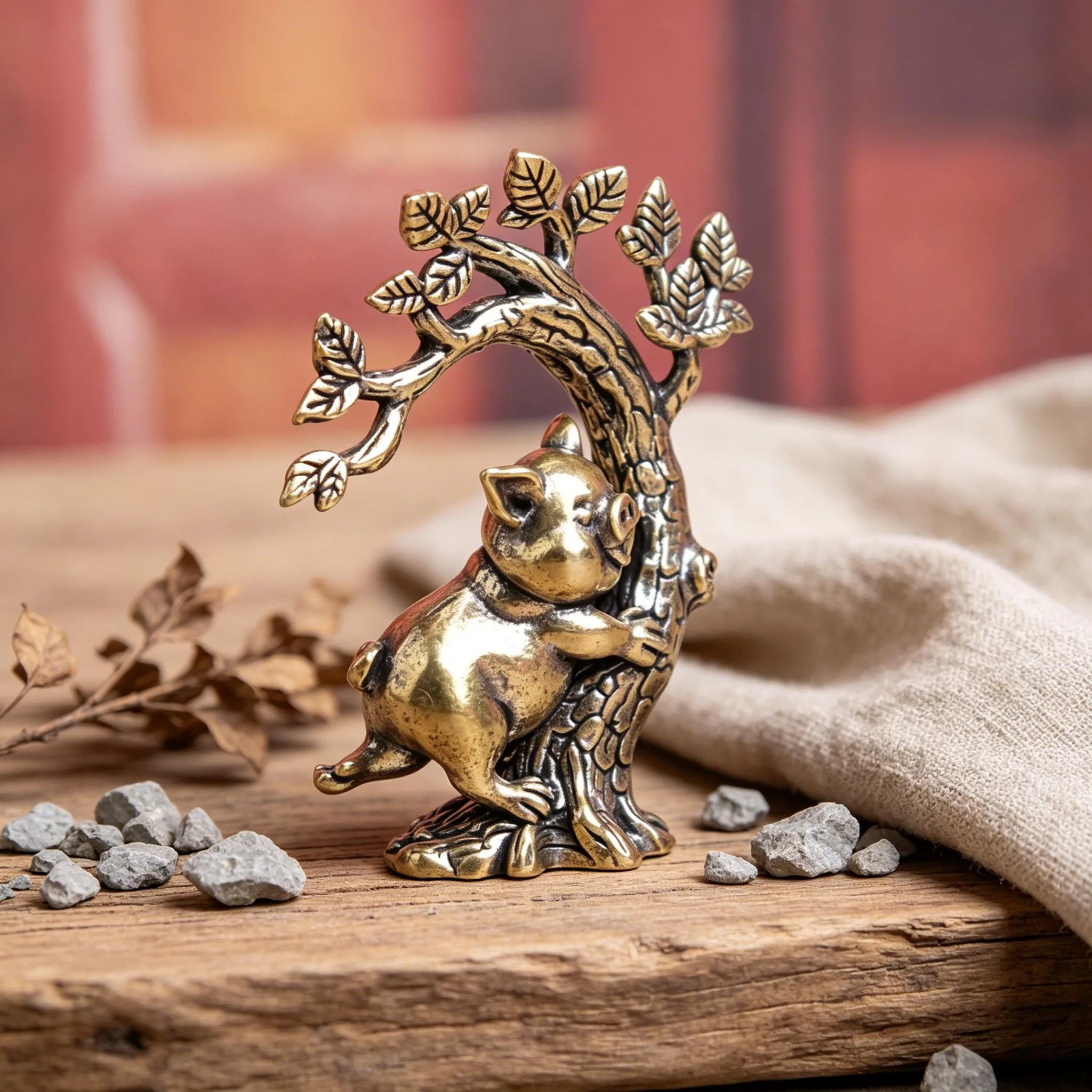 Handcrafted Mini Copper Pig Figurine on Tree — Copper figurine image 4