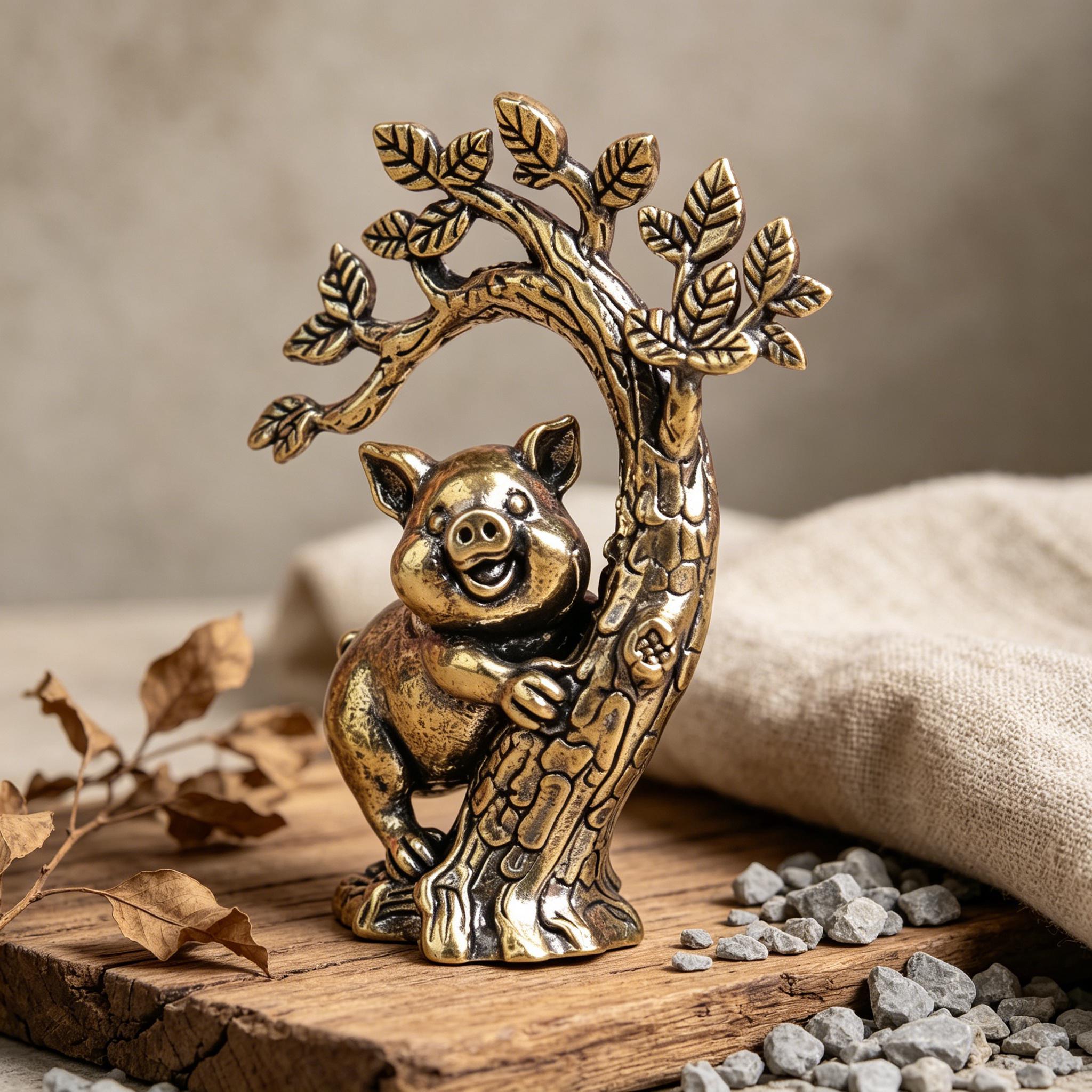 Handcrafted Mini Copper Pig Figurine on Tree — Copper figurine image 6