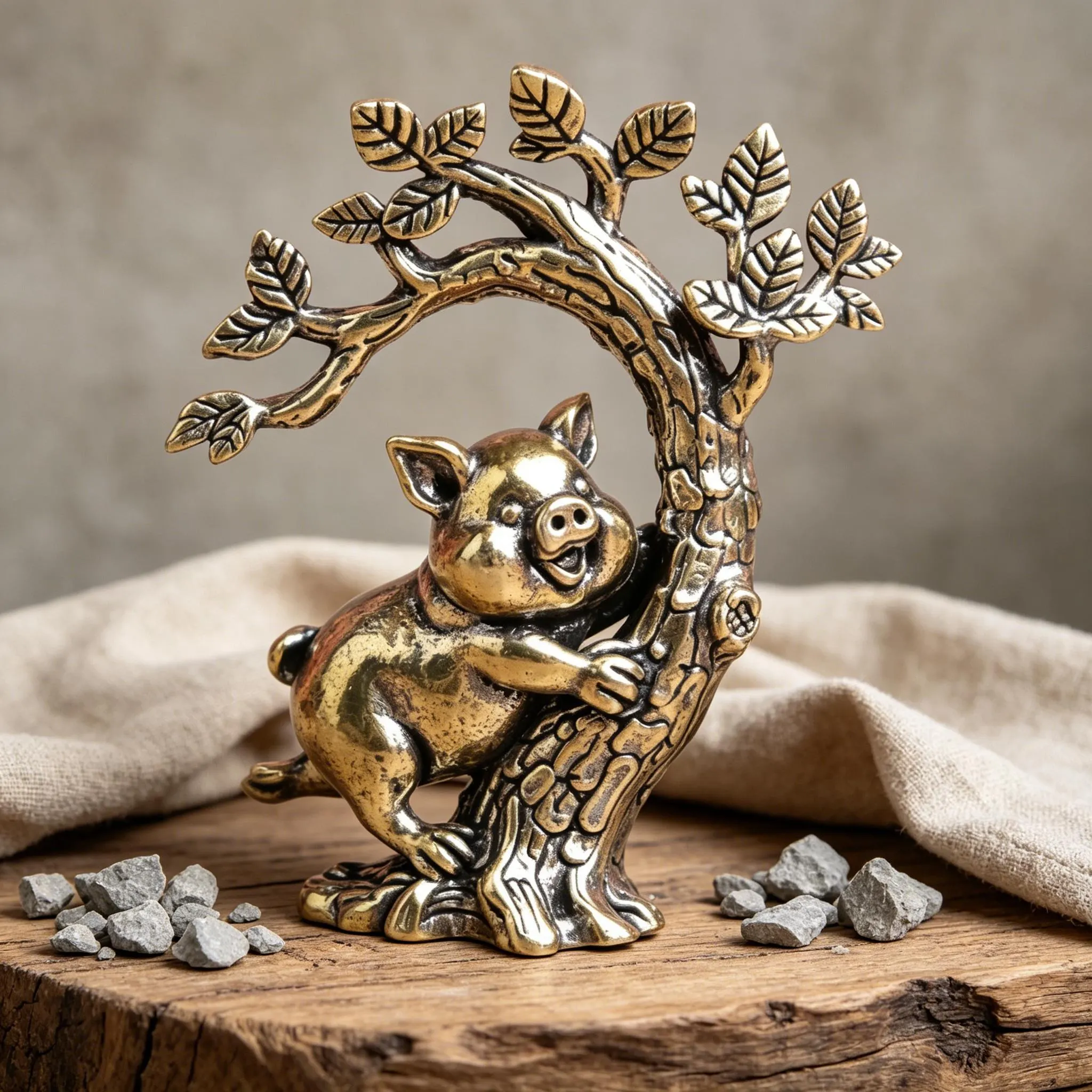 Handcrafted Mini Copper Pig Figurine on Tree — Copper figurine image 1