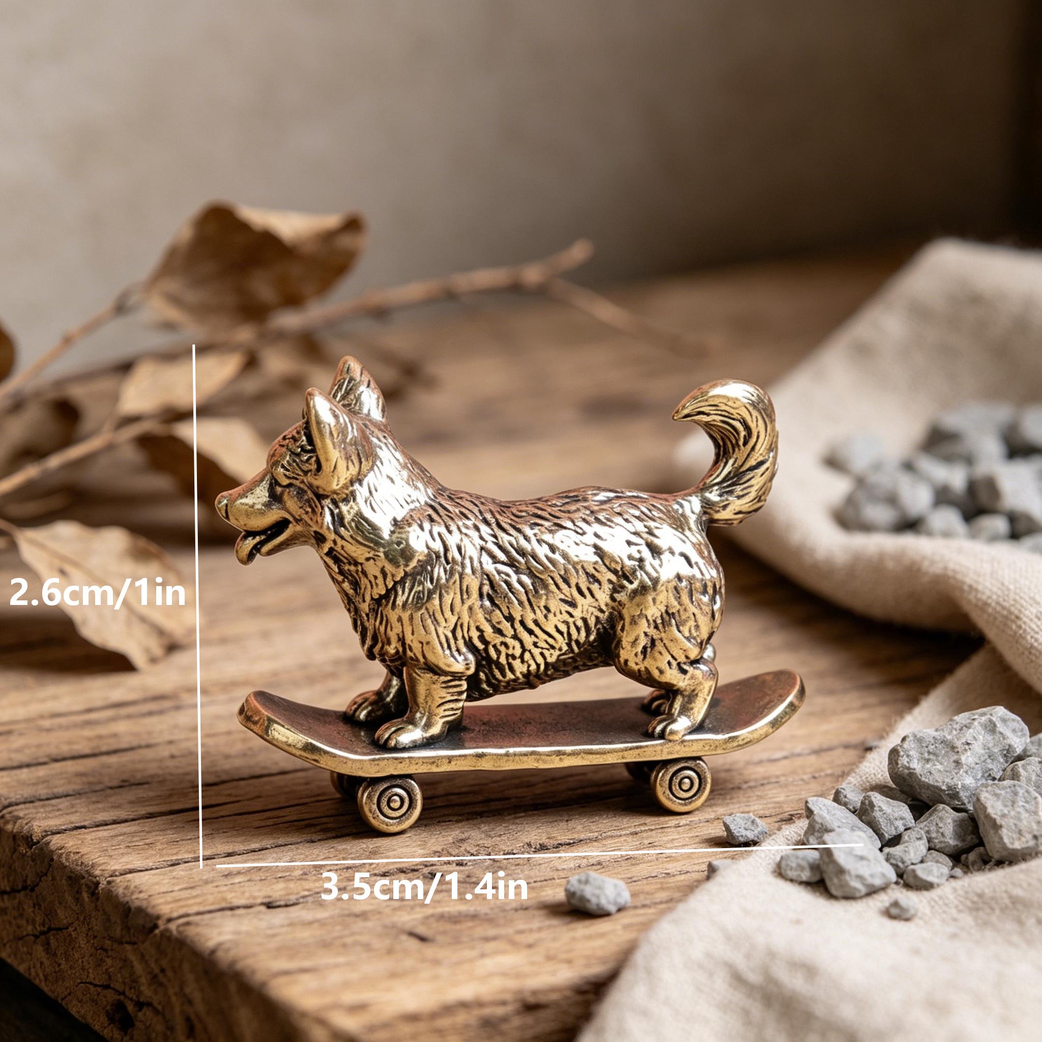 Mini Brass Dog Figurine on Skateboard — Brass figurine image 2