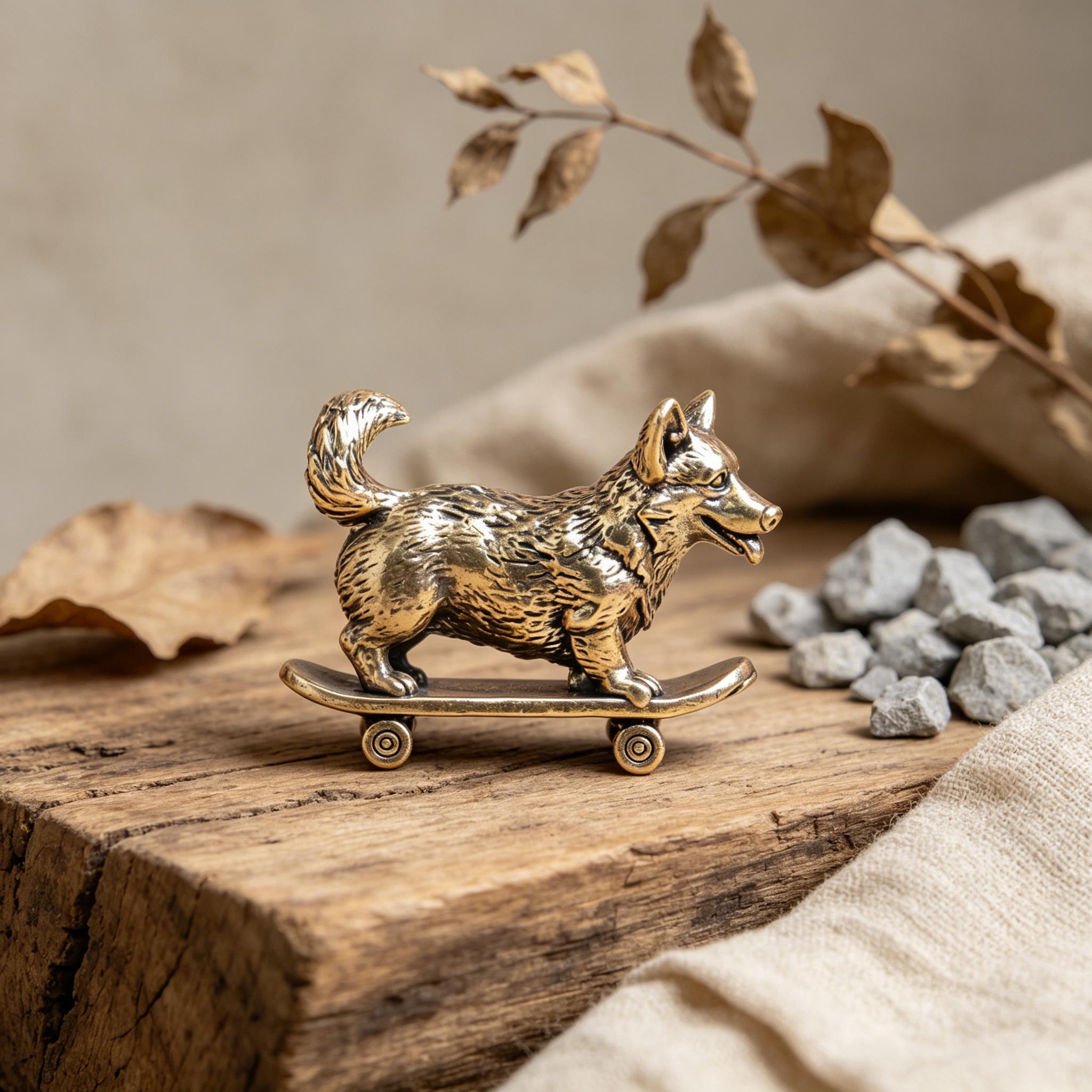 Mini Brass Dog Figurine on Skateboard — Brass figurine image 3