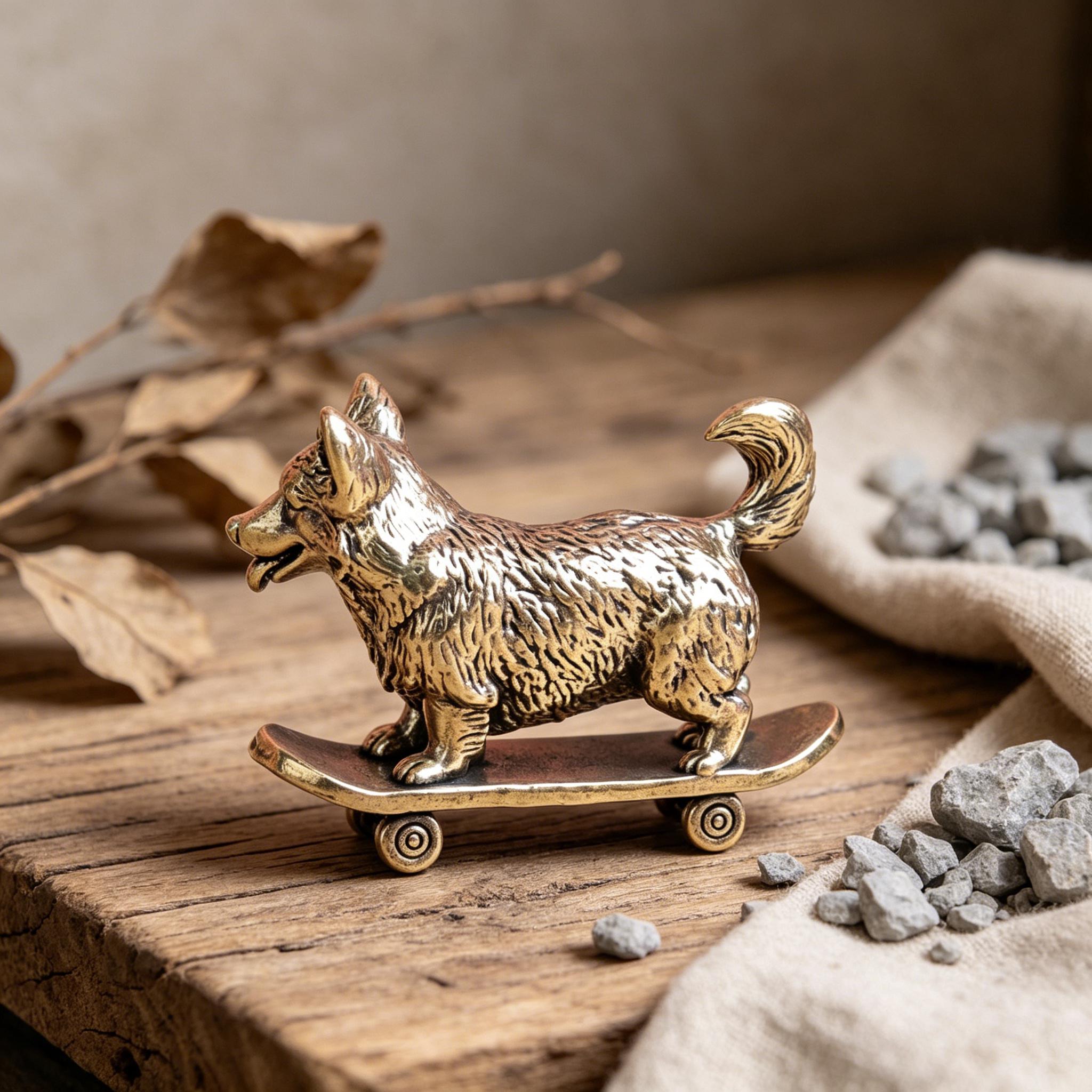Mini Brass Dog Figurine on Skateboard — Brass figurine image 4