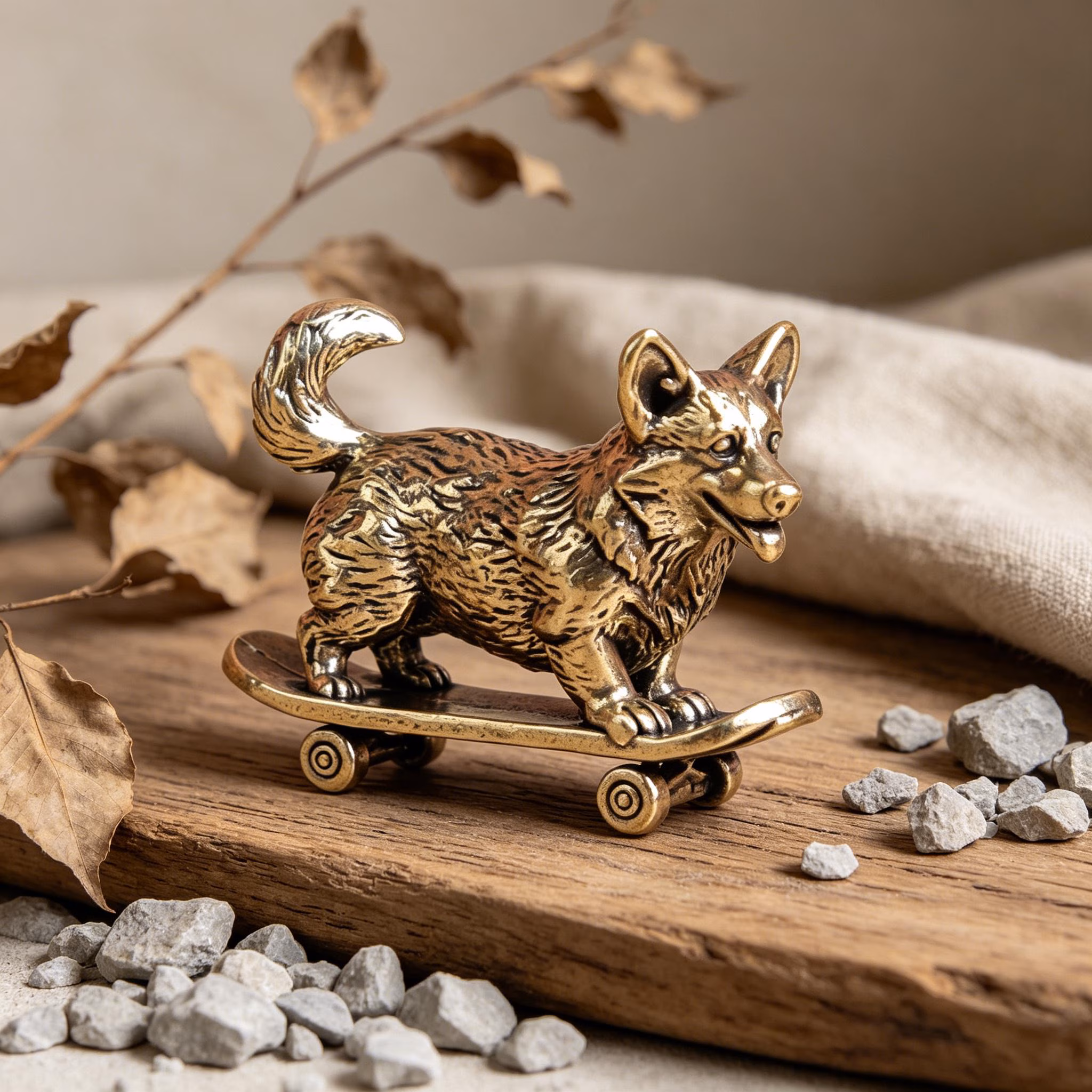 Mini Brass Dog Figurine on Skateboard — Brass figurine image 1