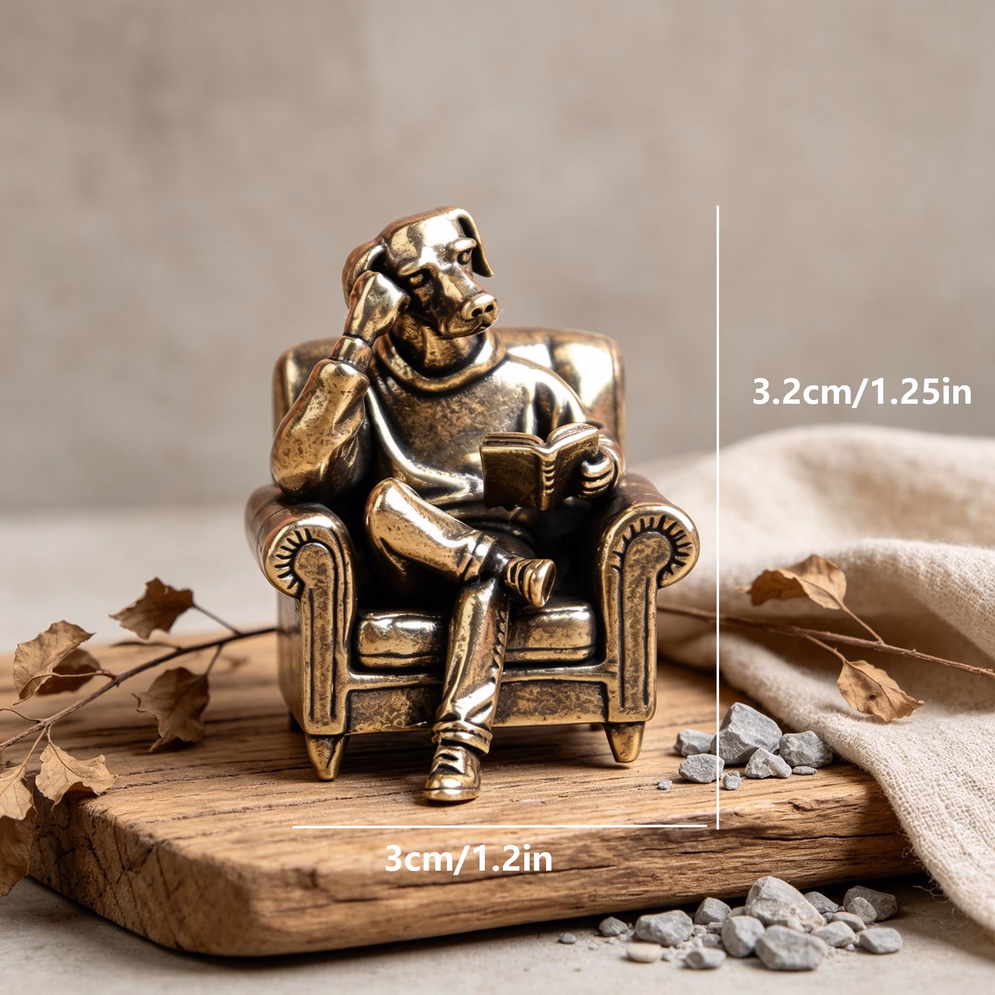 Mini Brass Dog Figurine Reading — Brass figurine image 2