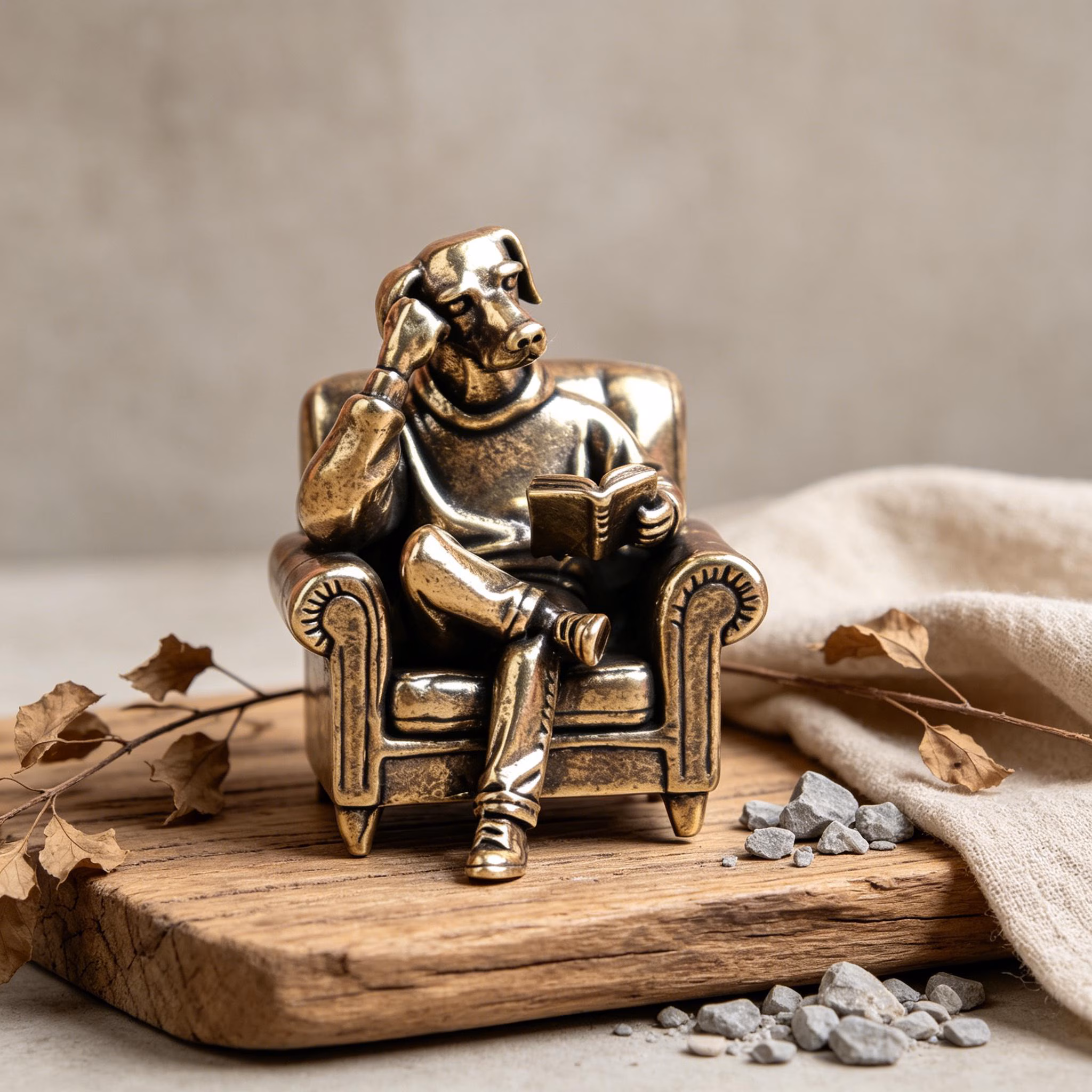 Mini Brass Dog Figurine Reading — Brass figurine image 1