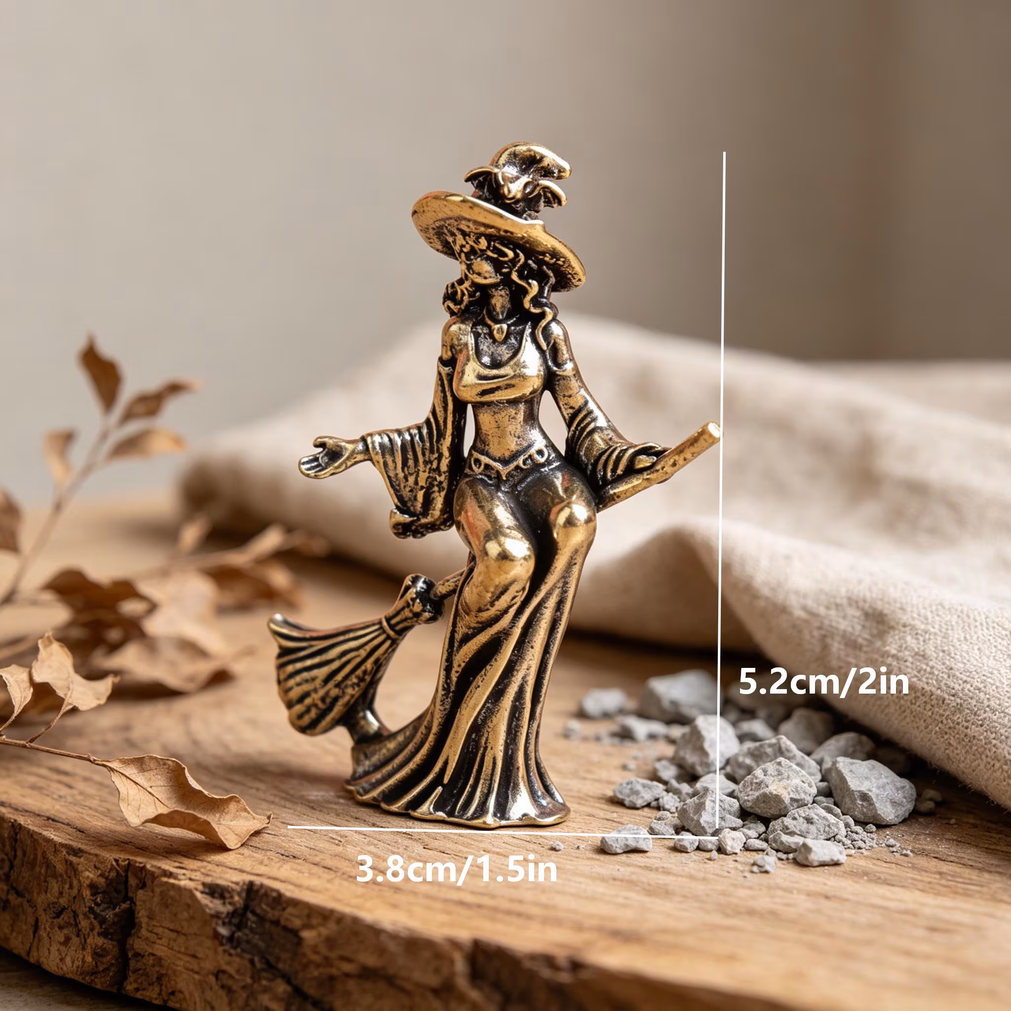 Mini Brass Witch Figurine on Broom — Brass figurine image 2