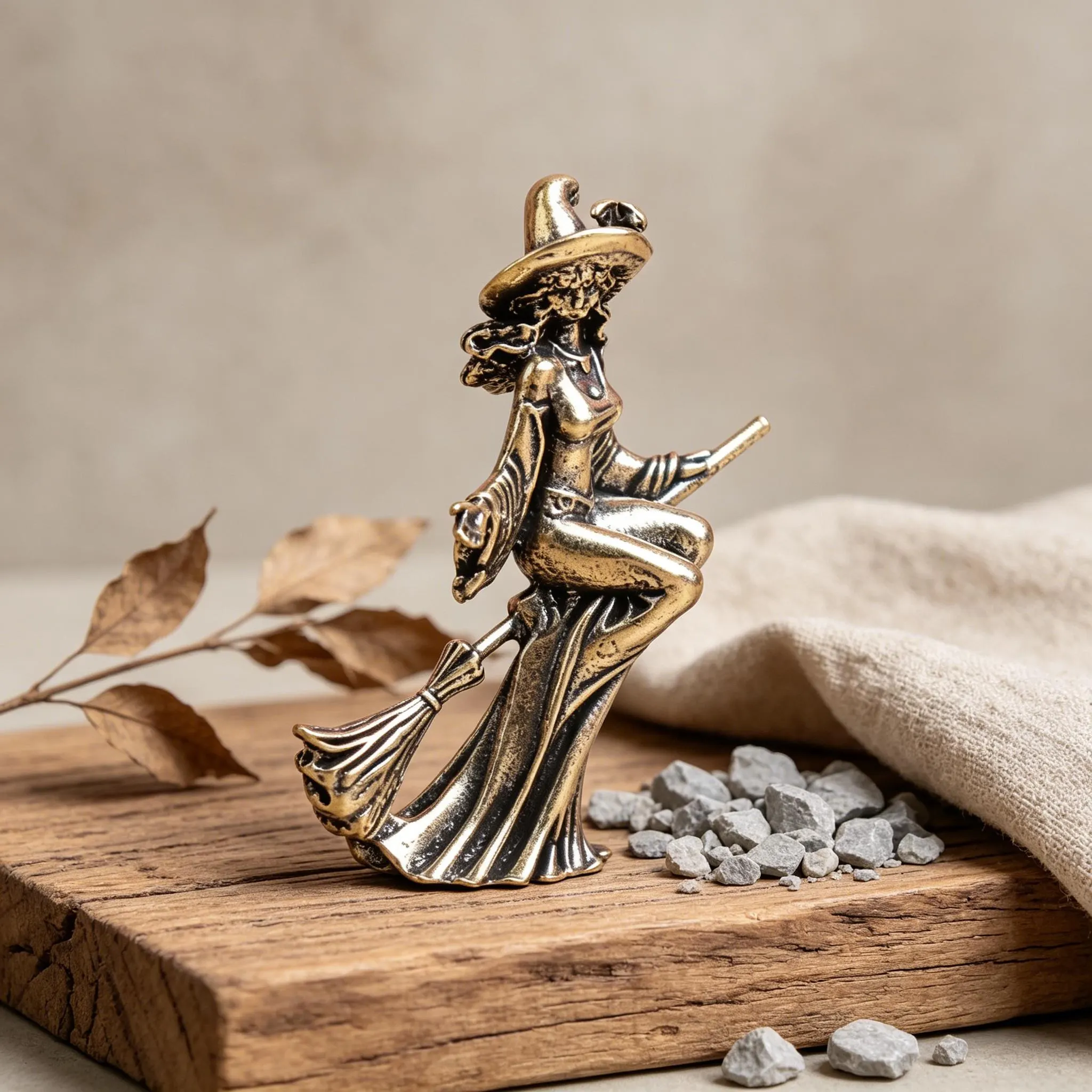 Mini Brass Witch Figurine on Broom — Brass figurine image 3