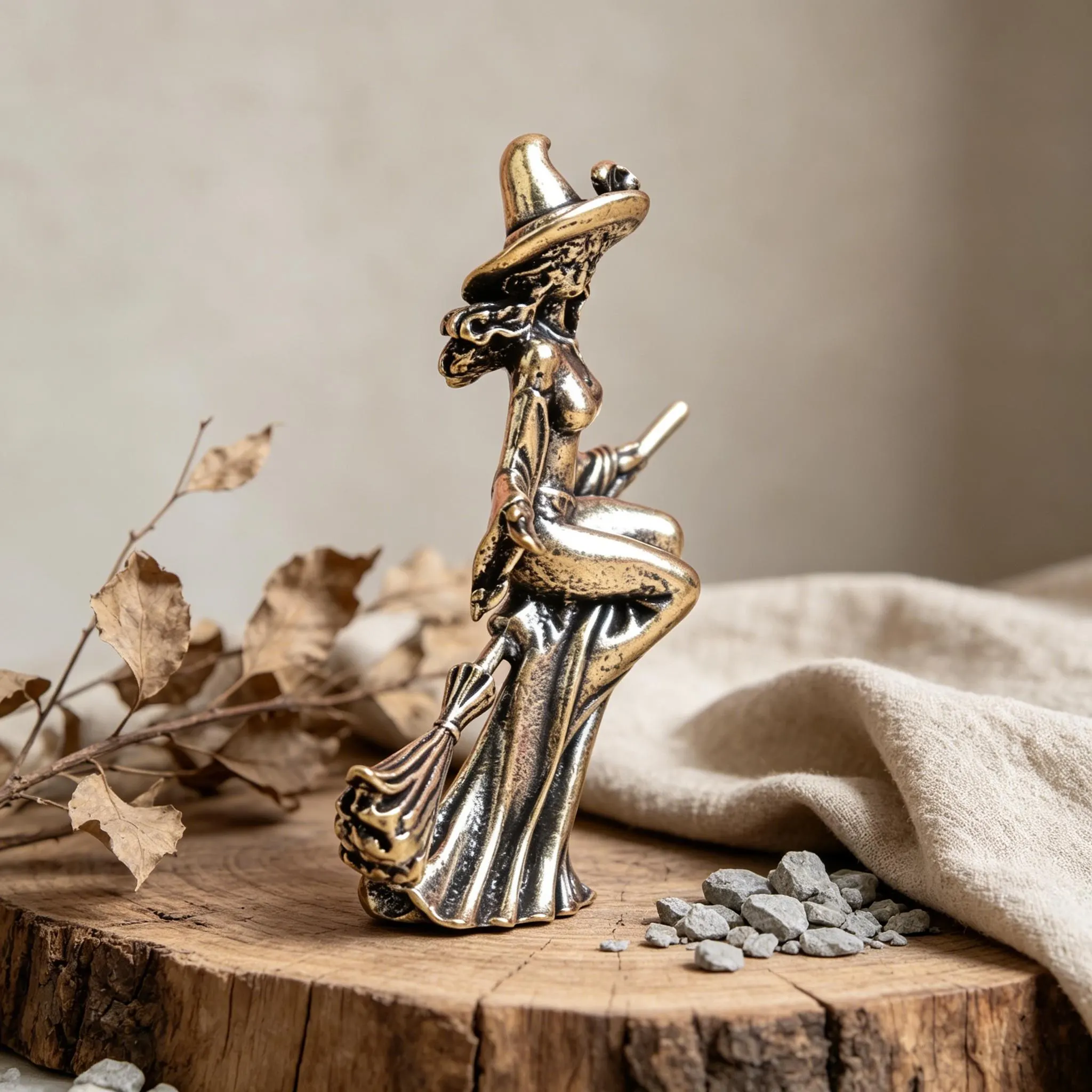 Mini Brass Witch Figurine on Broom — Brass figurine image 4