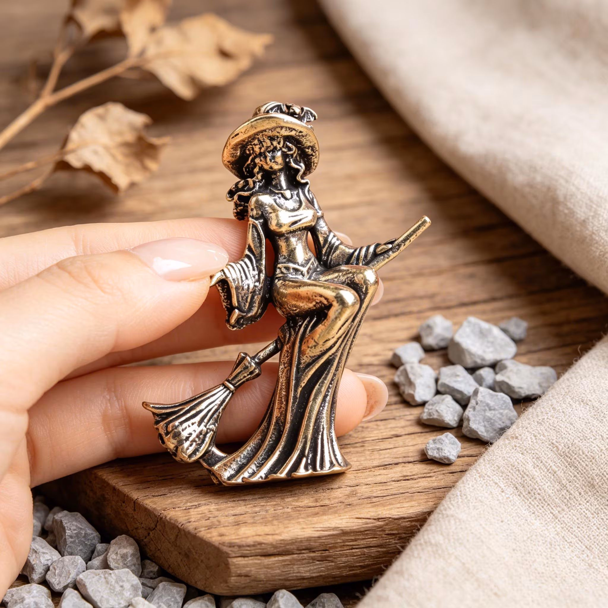 Mini Brass Witch Figurine on Broom — Brass figurine image 5