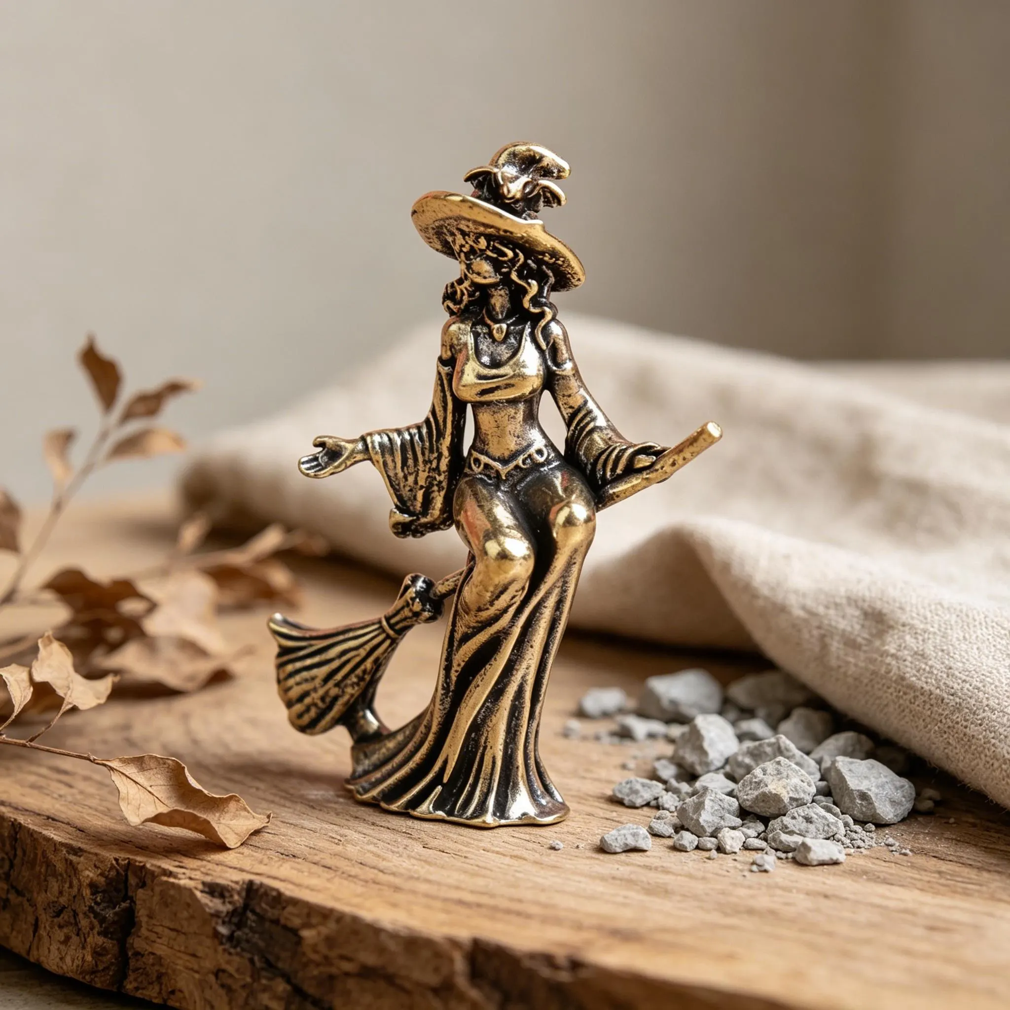 Mini Brass Witch Figurine on Broom — Brass figurine image 6