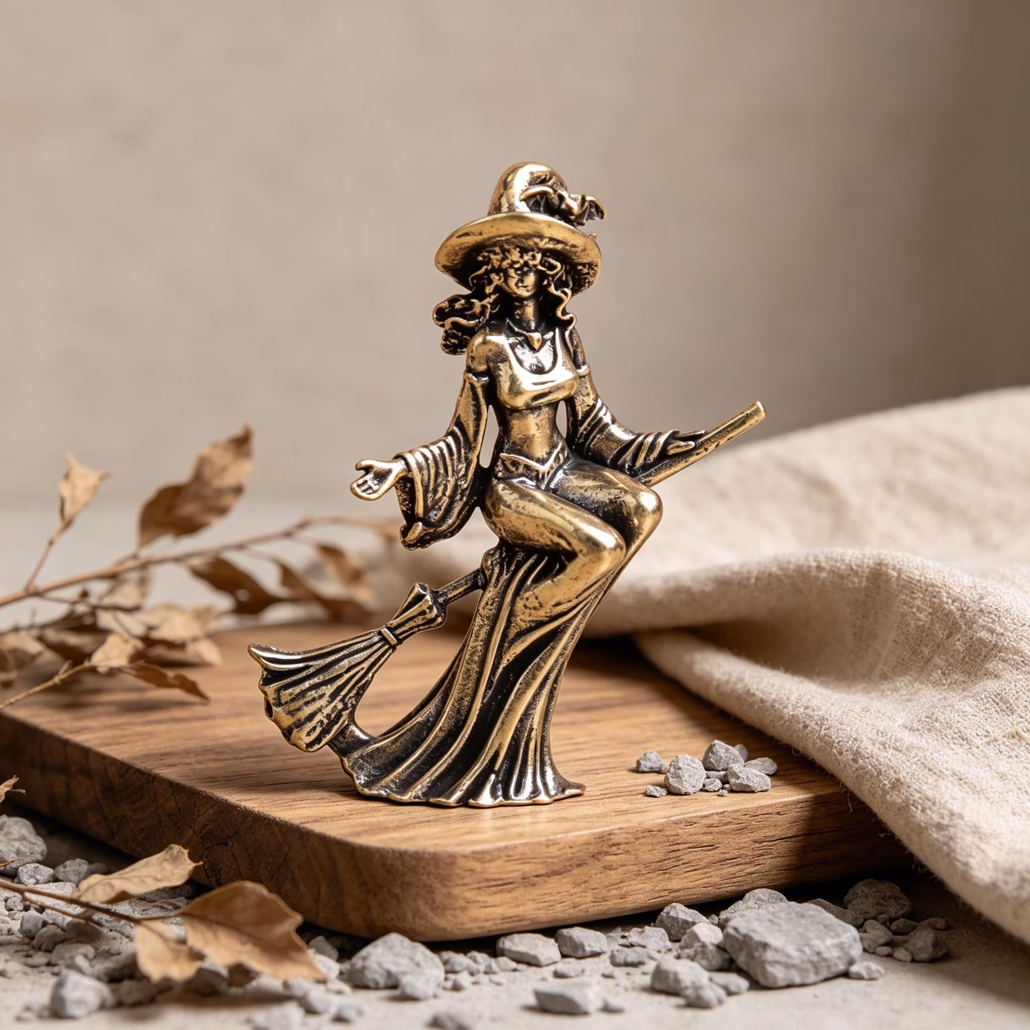 Mini Brass Witch Figurine on Broom — Brass figurine image 1