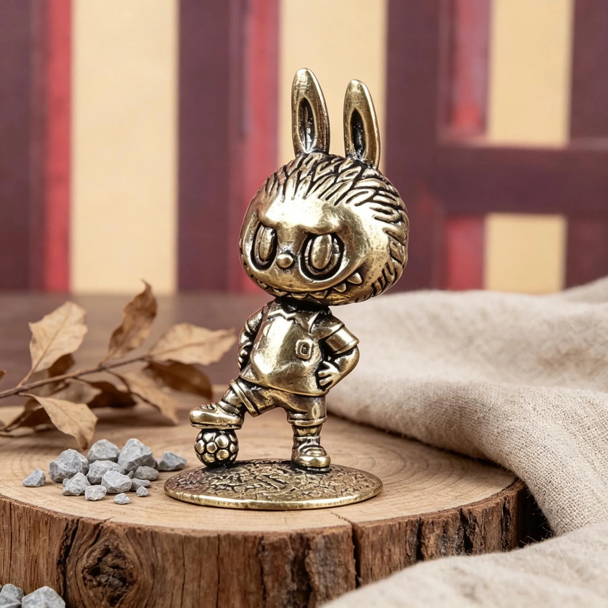 Vintage Handmade Brass Soccer Bunny Figurine — Copper figurine image 3