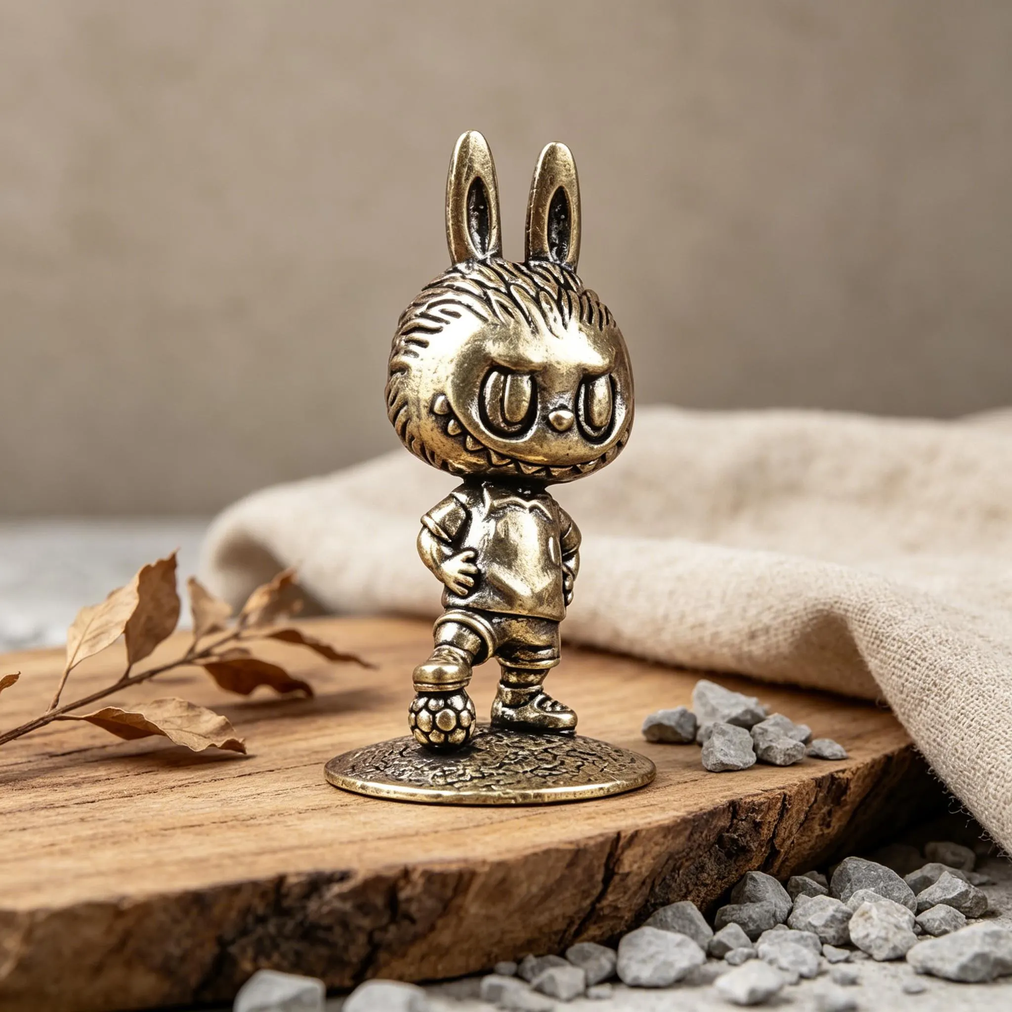 Vintage Handmade Brass Soccer Bunny Figurine — Copper figurine image 1