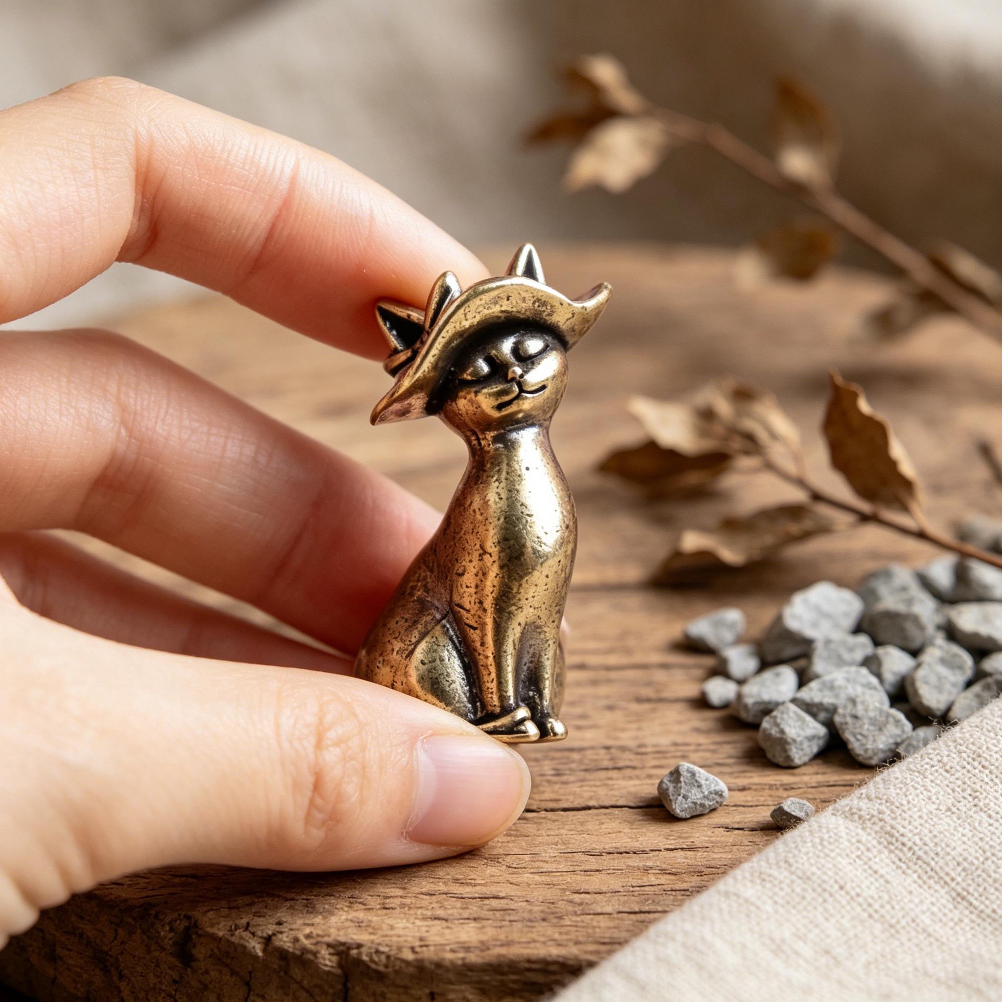 Handmade Brass Cat With Hat Figurine — Copper figurine image 3