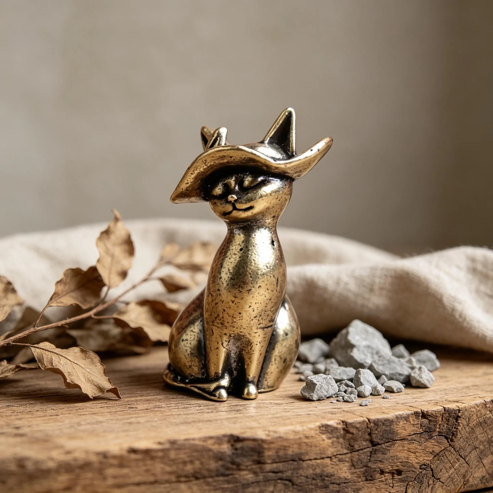 Handmade Brass Cat With Hat Figurine — Copper figurine image 4