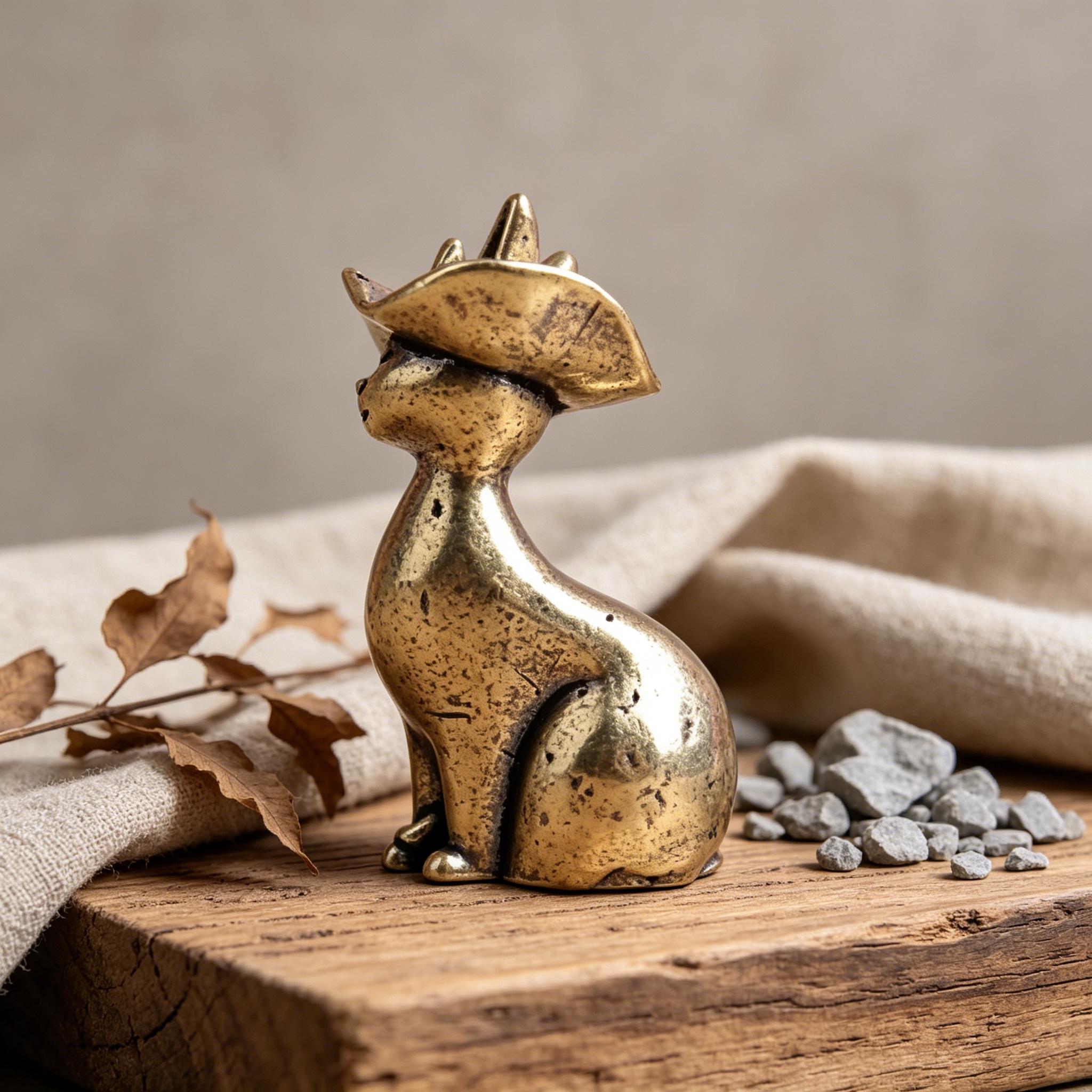 Handmade Brass Cat With Hat Figurine — Copper figurine image 5