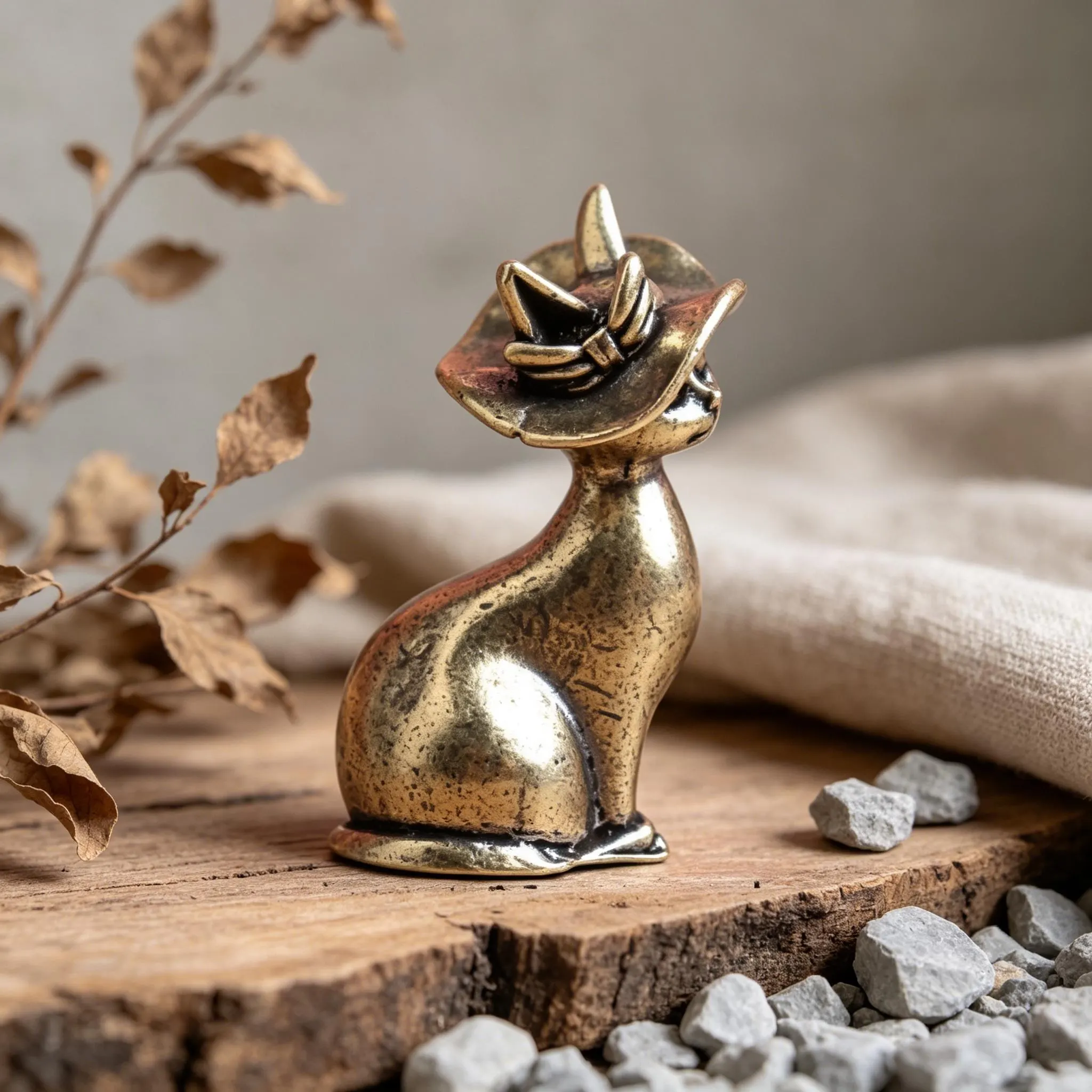 Handmade Brass Cat With Hat Figurine — Copper figurine image 6