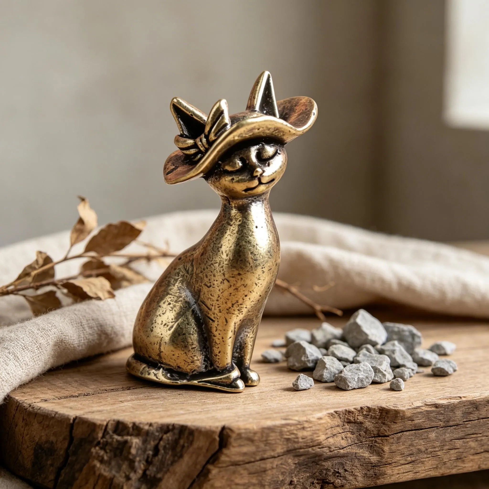 Handmade Brass Cat With Hat Figurine — Copper figurine image 1