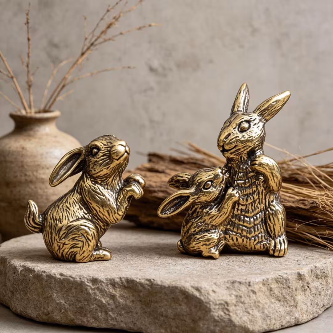 Vintage Brass Mother & Baby Rabbit Figurine — Brass figurine image 1