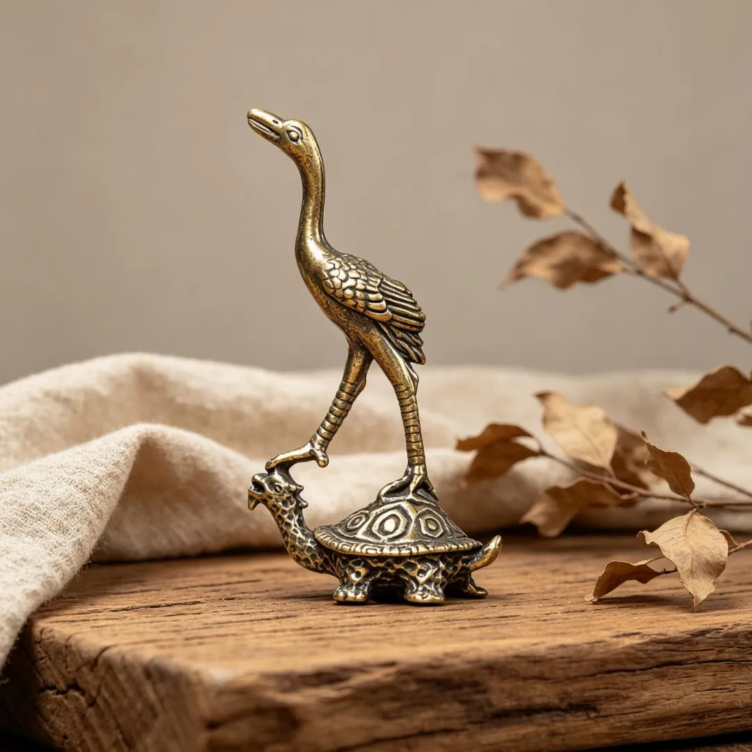 Vintage Brass Crane & Turtle Figurine — Brass figurine image 1