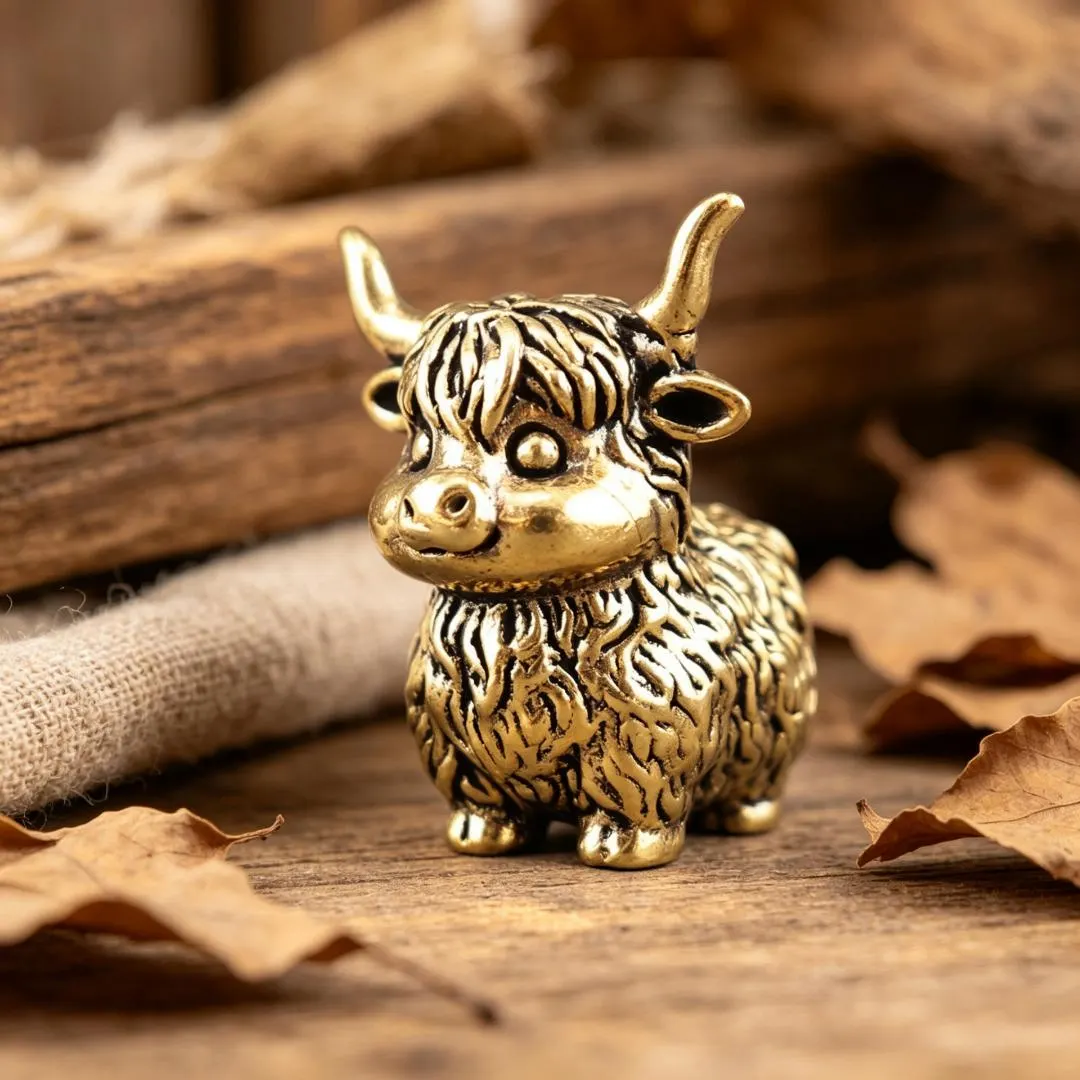 Handmade Solid Brass Highland Cow Mini Figurine — Copper figurine image 1