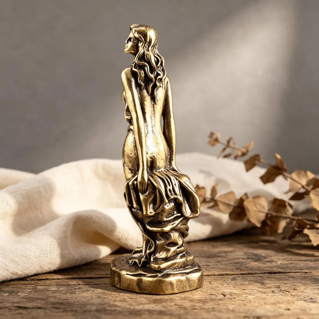Vintage Handcrafted Brass Sitting Lady Figurine — Copper figurine image 4