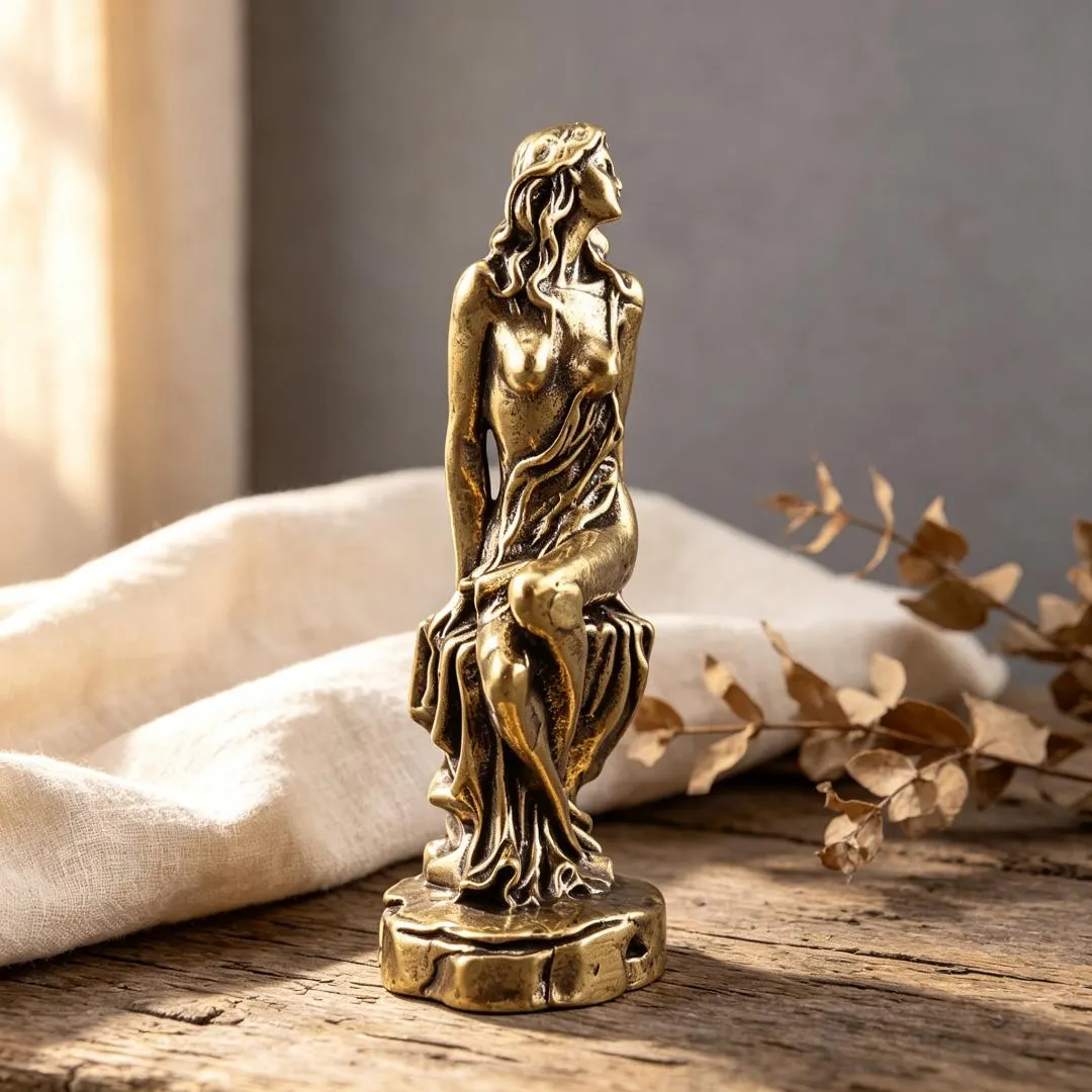 Vintage Handcrafted Brass Sitting Lady Figurine — Copper figurine image 5
