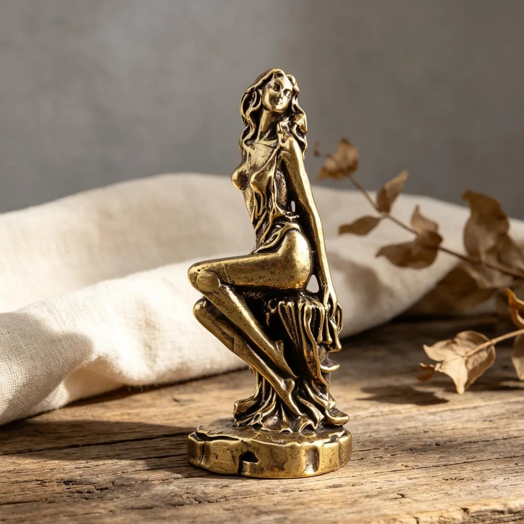 Vintage Handcrafted Brass Sitting Lady Figurine — Copper figurine image 6