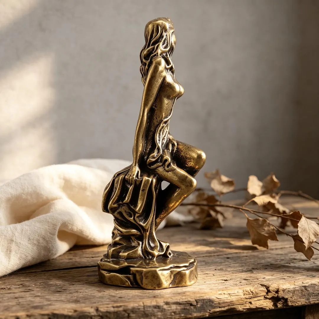 Vintage Handcrafted Brass Sitting Lady Figurine — Copper figurine image 7