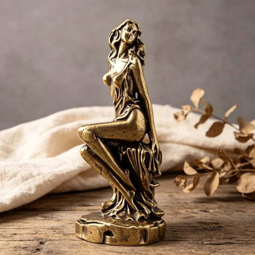 Vintage Handcrafted Brass Sitting Lady Figurine — Copper figurine image 1